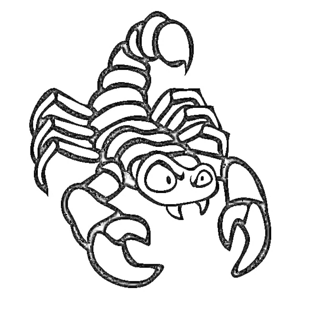 Раскраска Мультяшный скорпион с большими клешнями и полосатым телом