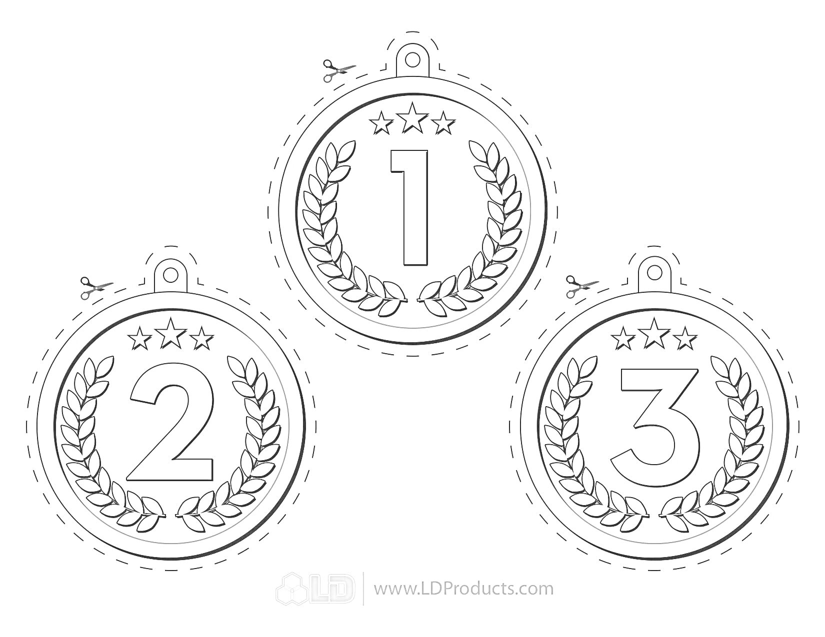 На раскраске изображено: Медаль, Номер 3, Звезды, Лавровый венок, Приз, Награда
