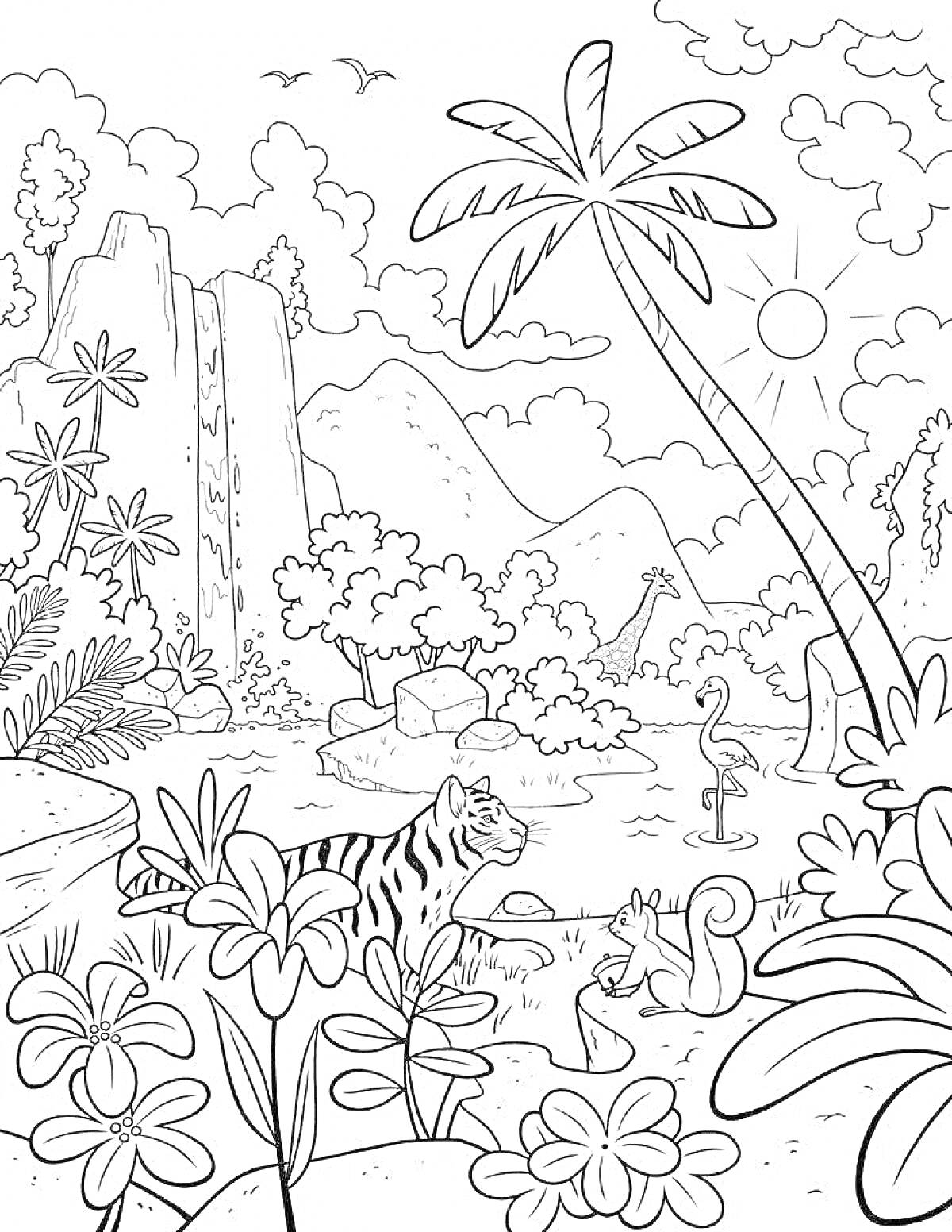 На раскраске изображено: Природа, Тропический лес, Тигр, Белка, Водопад, Солнце, Горы, Кусты, Цветы, Пальмы, Птица, Жирафы