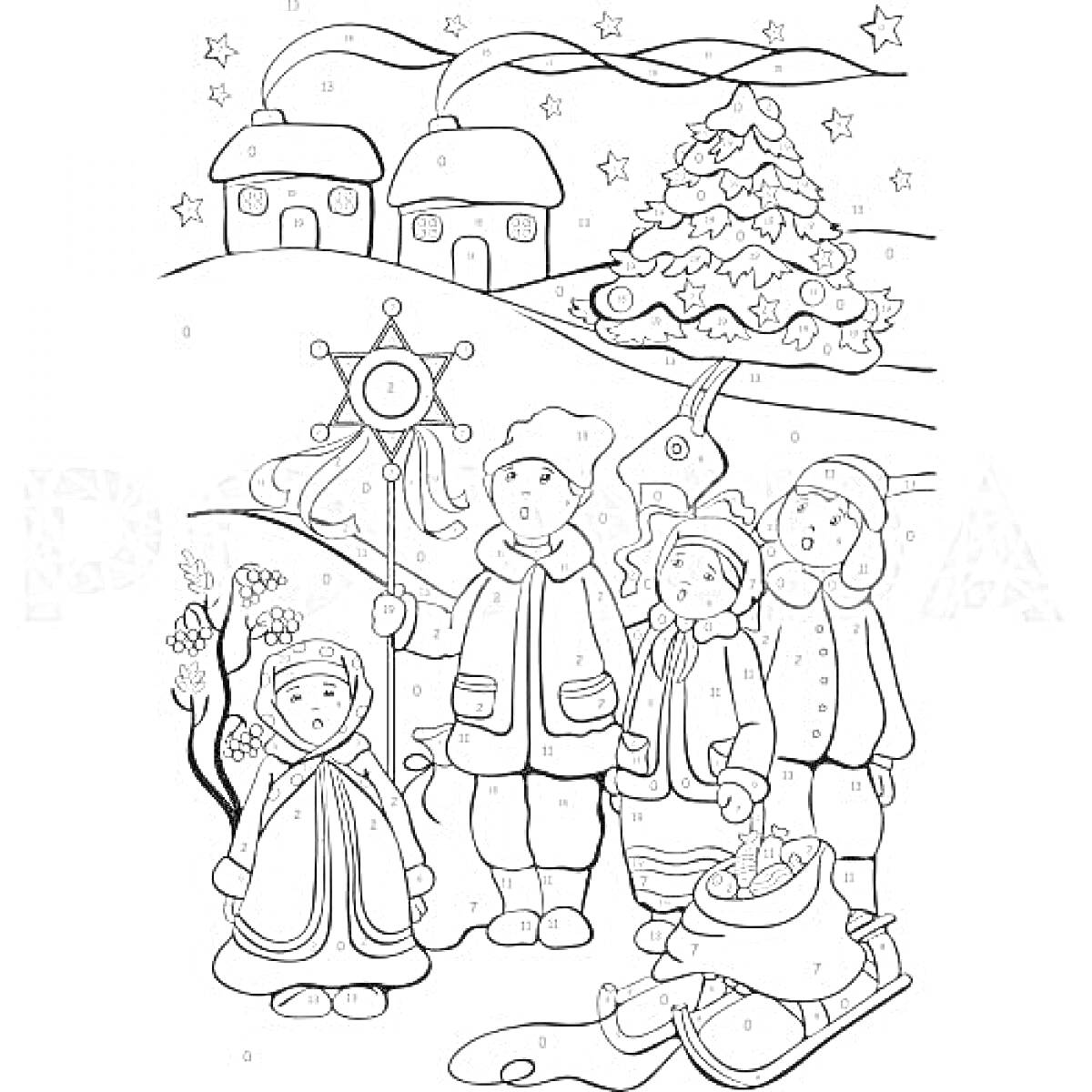 Раскраска Дети-колядующие возле рождественской елки, зимние домики, санки, звезда, зима