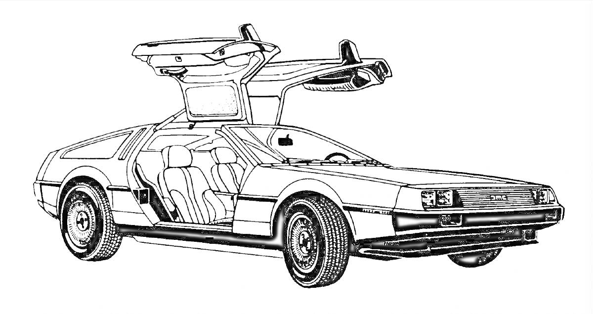 Раскраска ДеЛориан с поднятыми дверями-крыльями, вид сбоку