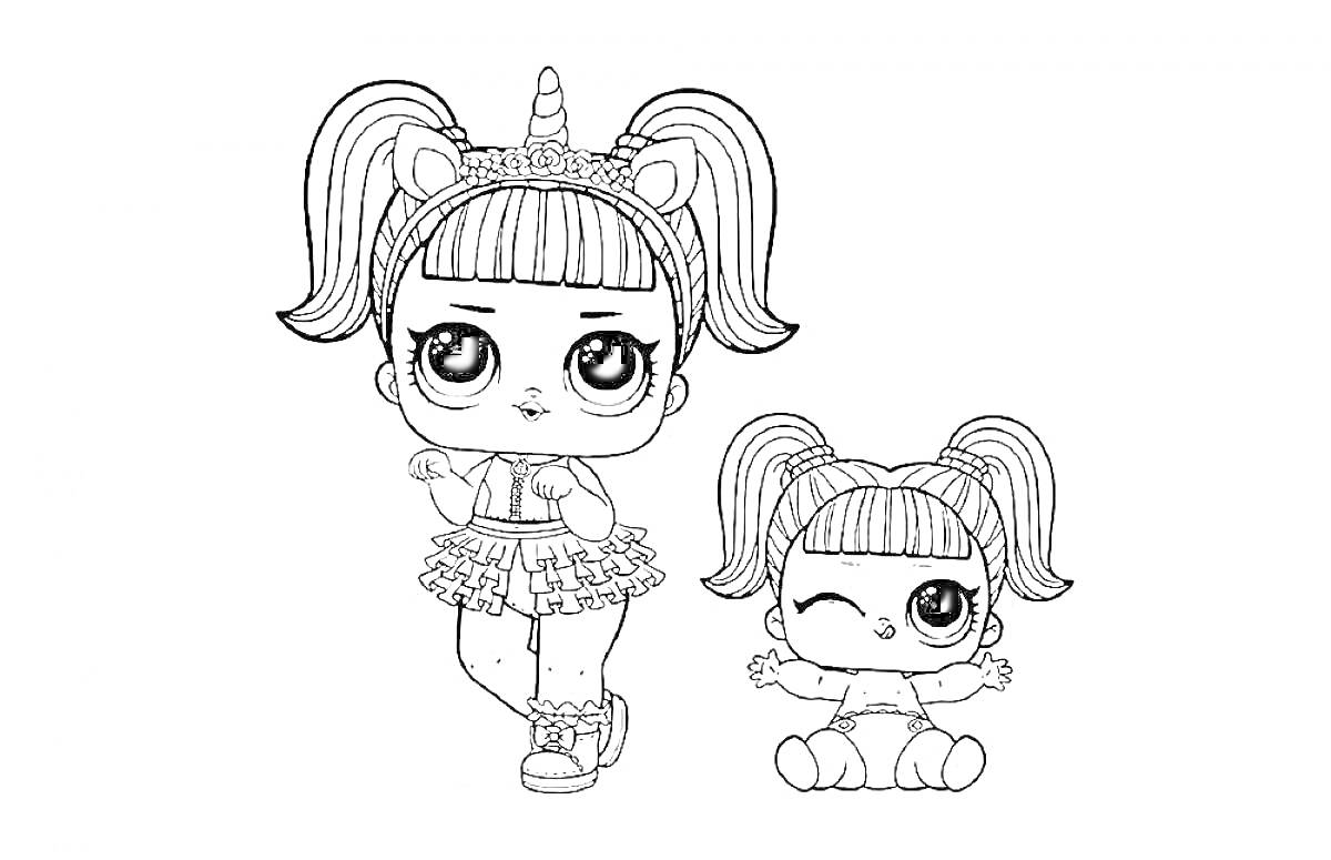 Раскраска Две куклы с бантиками из мультфильма, одна из них с повязкой на голове с рогом единорога
