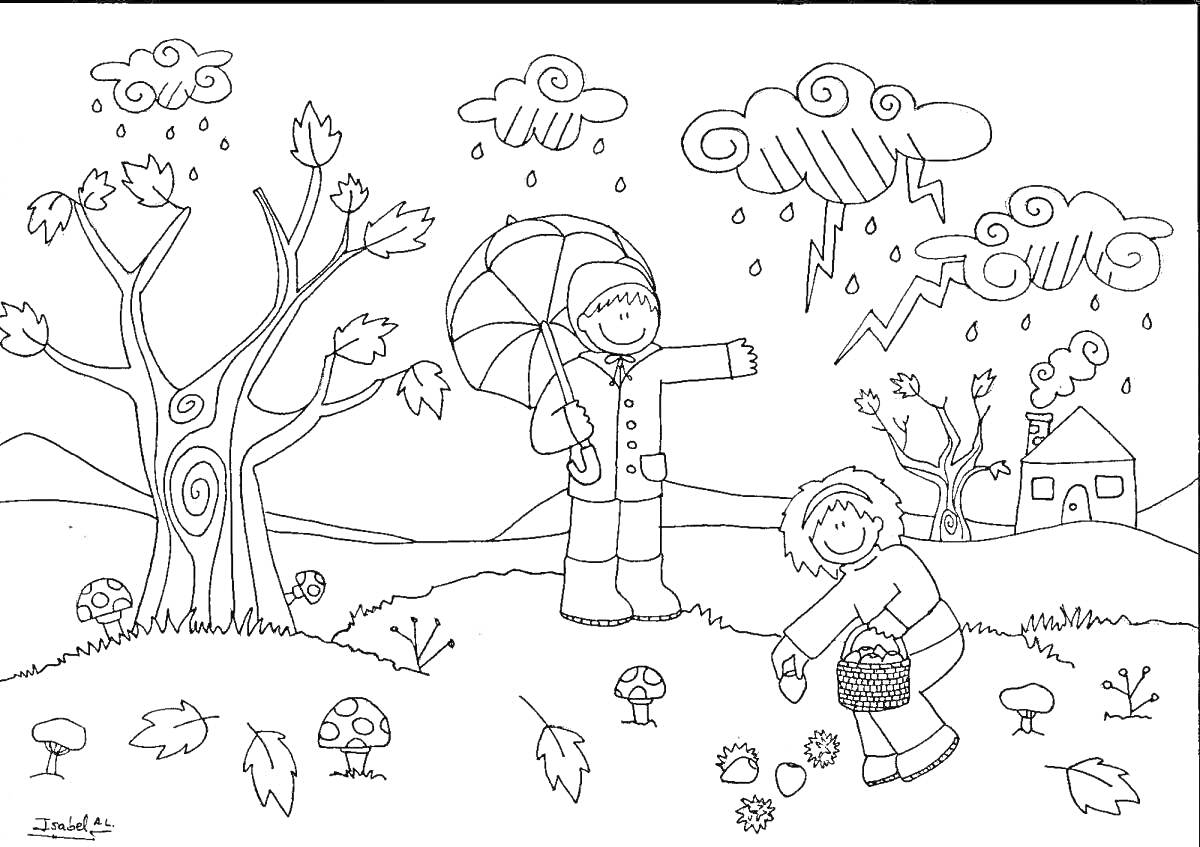 На раскраске изображено: Дождь, Зонт, Дом, Облака, Молния, Листья, Грибы, Игра на улице, Природа, Для детей, Деревья