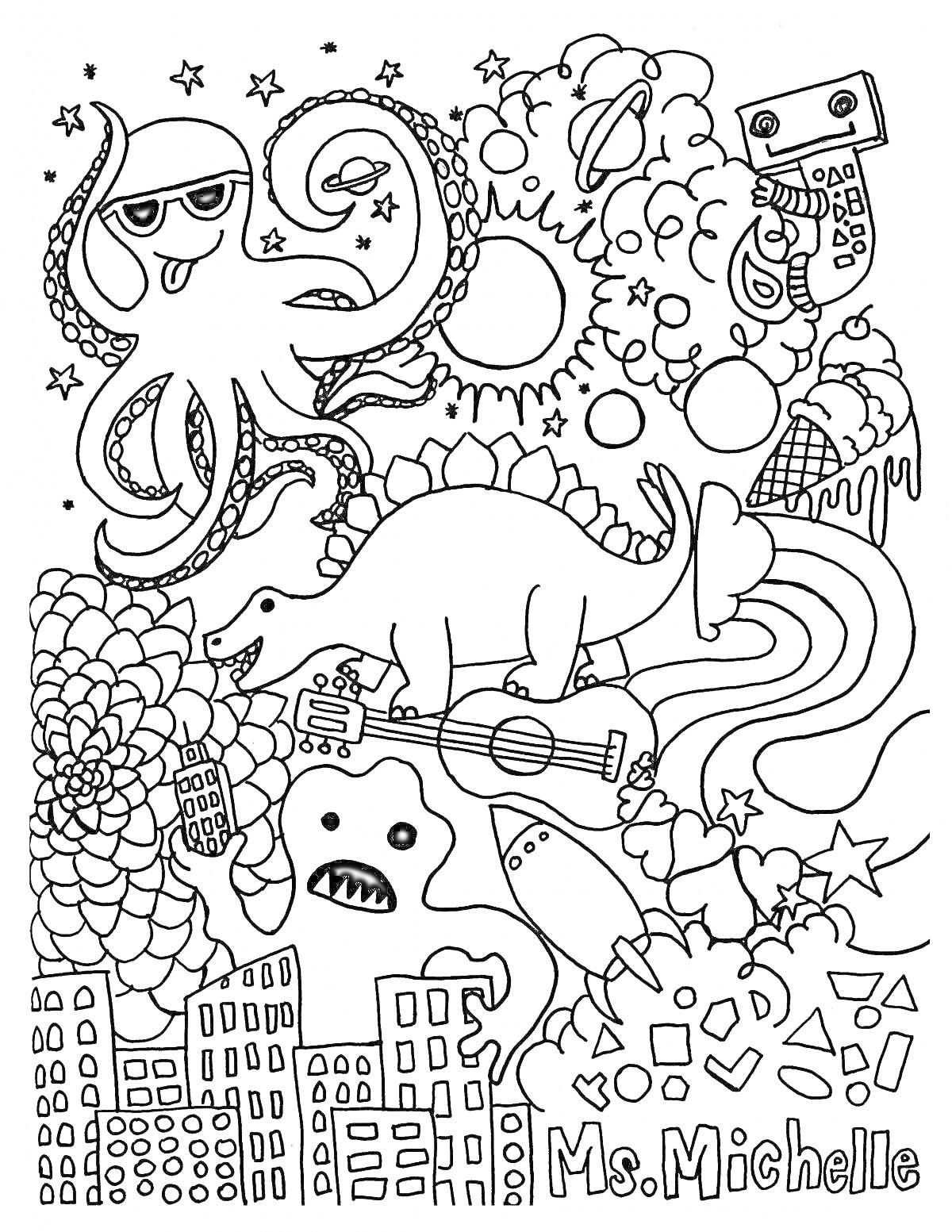 Раскраска Осьминог в очках с калькулятором, динозавр с гитарой, тарелка с пончиком, ракета с радугой, звездное небо и город