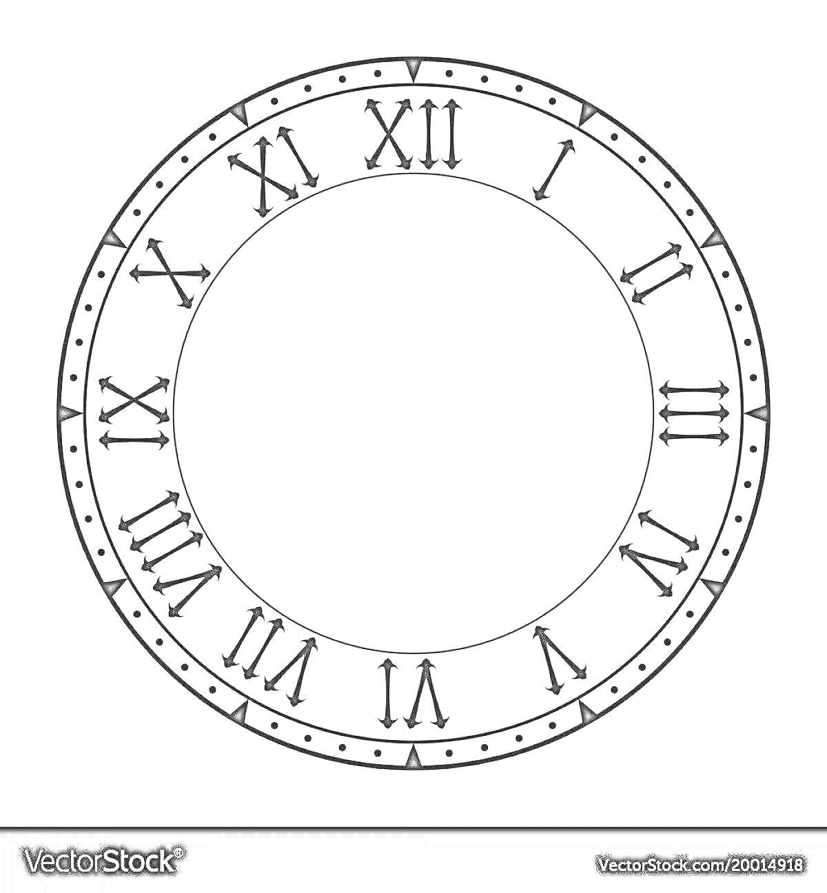 На раскраске изображено: Циферблат, Римские цифры, Часы, Время, Цифры, Стрелки