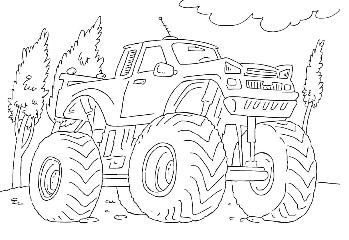 На раскраске изображено: Джип, Большие колеса, Деревья, Облака, Транспорт, Внедорожник, Монстер трак