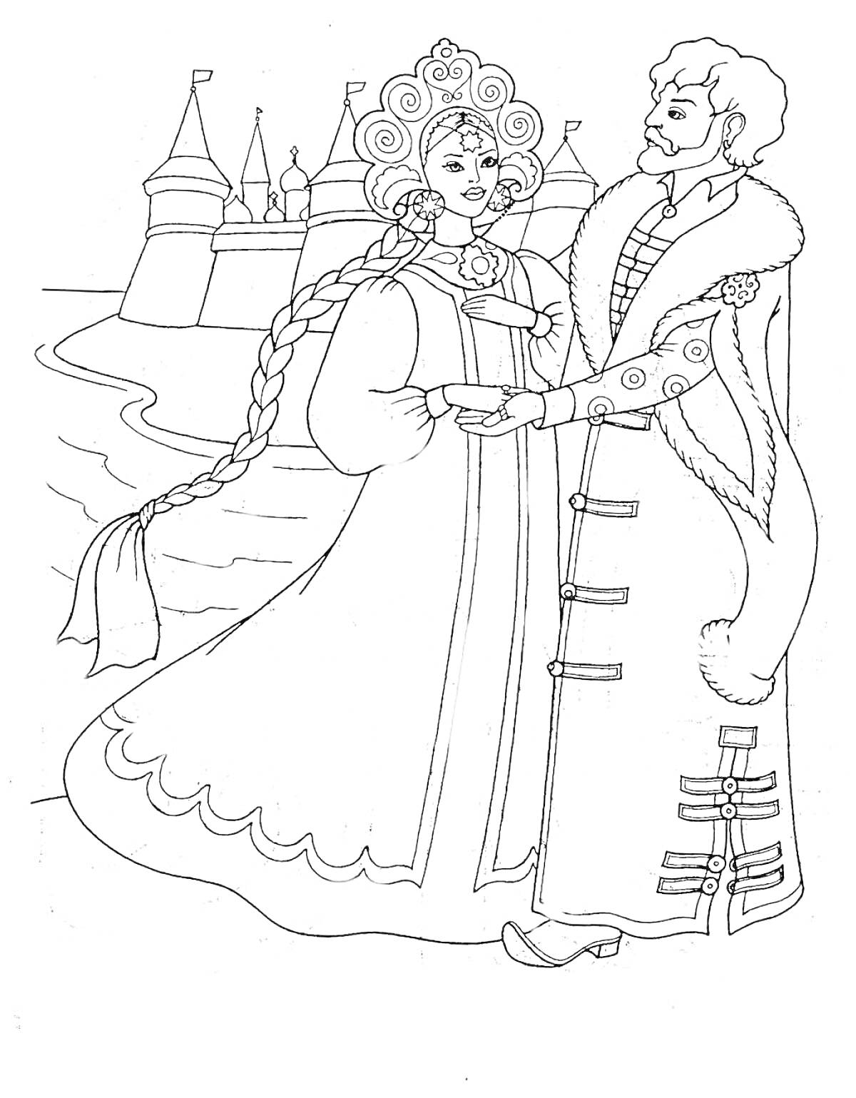 На раскраске изображено: Замок, Из сказок, Иллюстрация, Русские народные сказки, Царевна Лягушка