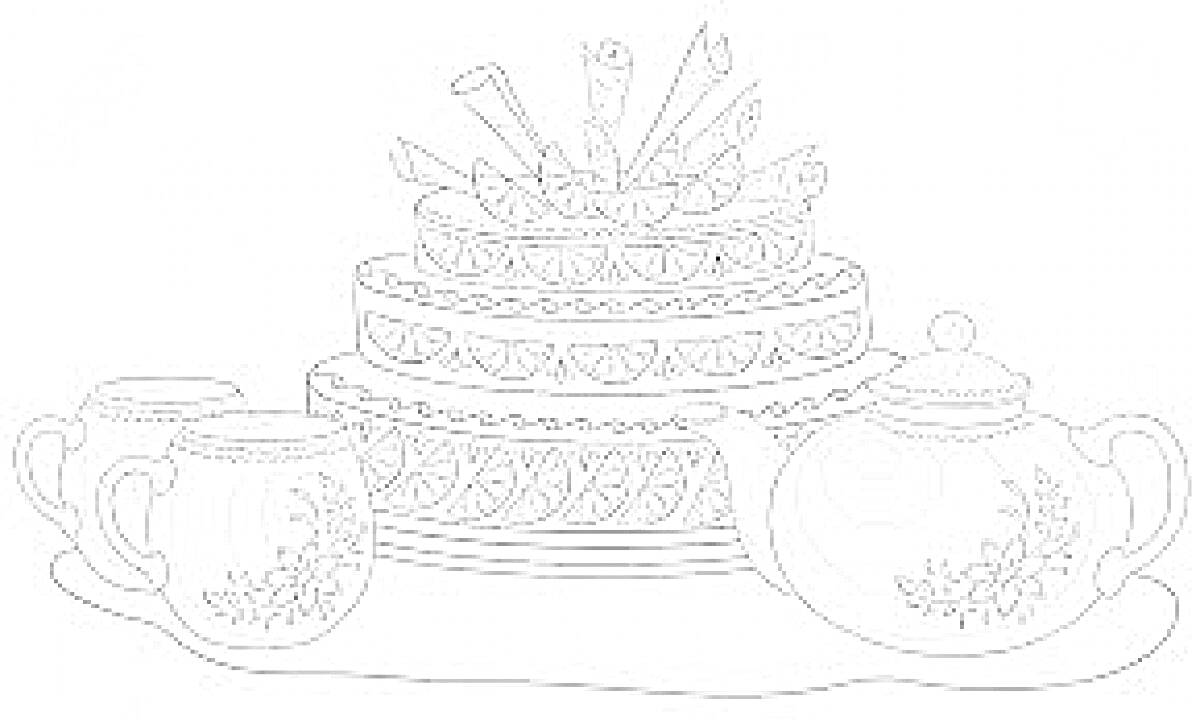 На раскраске изображено: Торт, Крем, Чашки, Посуда, Сервировка, Десерты, Сладости, Чайники