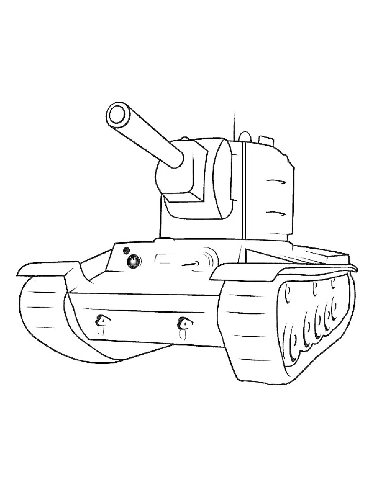 Раскраска Раскраска танка КВ-5 с пушкой, гусеницами и бронированной башней