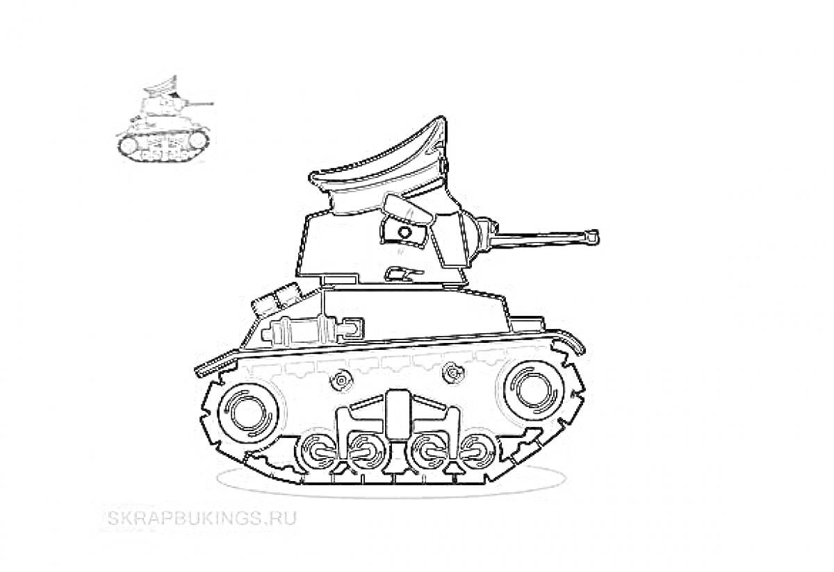 Раскраска Военный танк в фуражке с пушкой