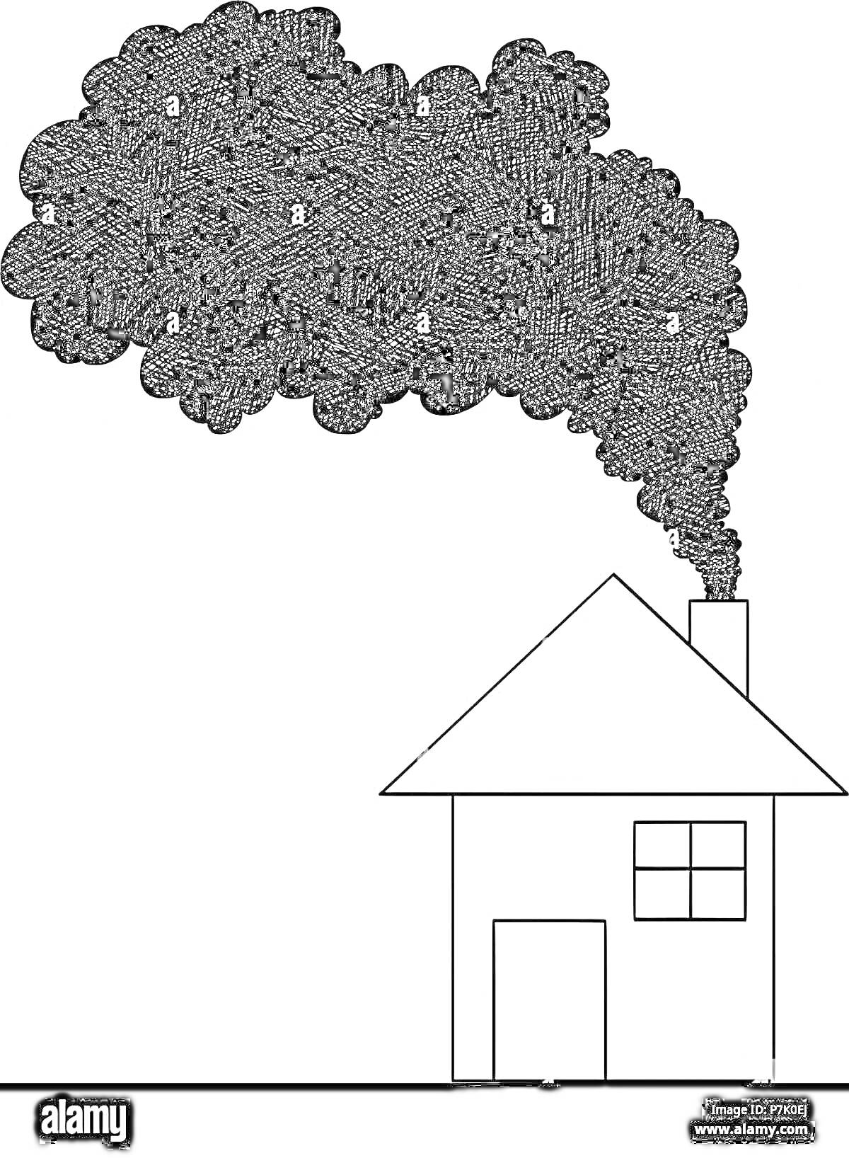На раскраске изображено: Дом, Дым, Труба, Окна, Дверь, Крыша, Контурные рисунки