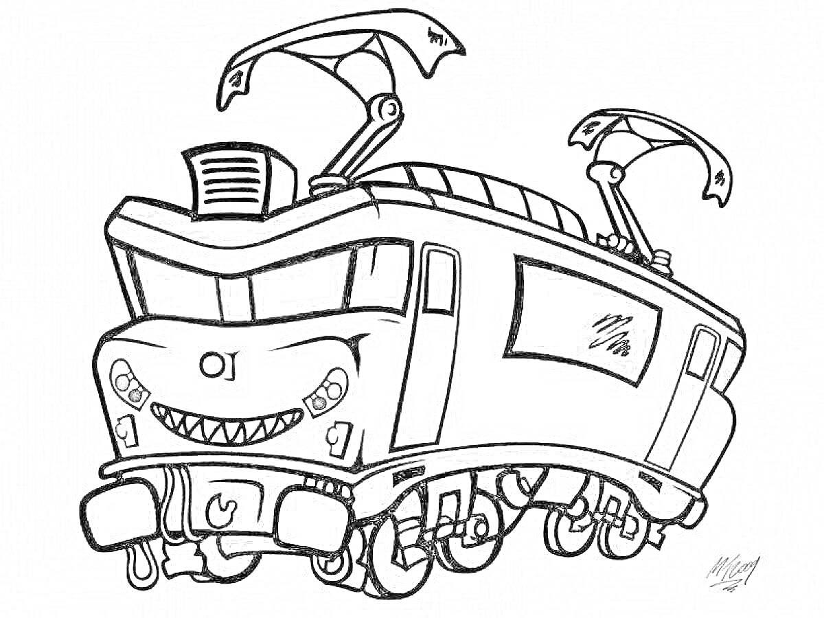 Раскраска Поезд-пожиратель с зубастой улыбкой и антеннами