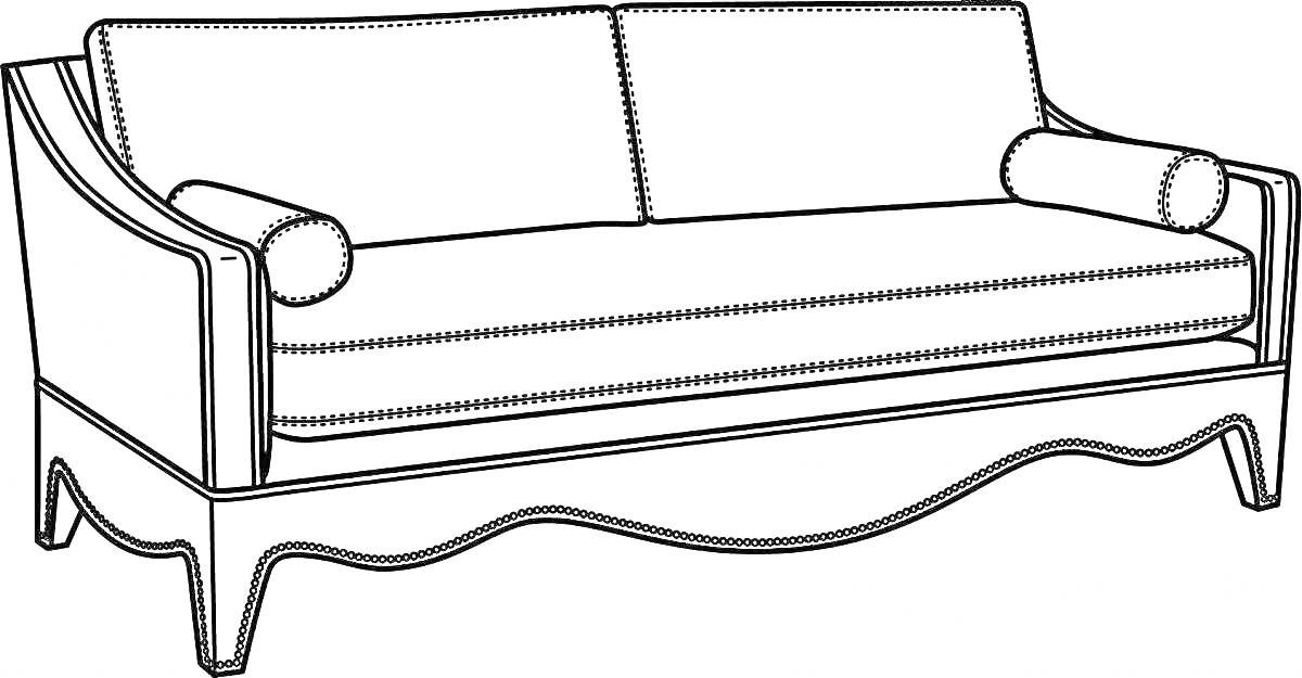 Раскраска Диван с двумя подушками, двумя спинками и волнистым основанием