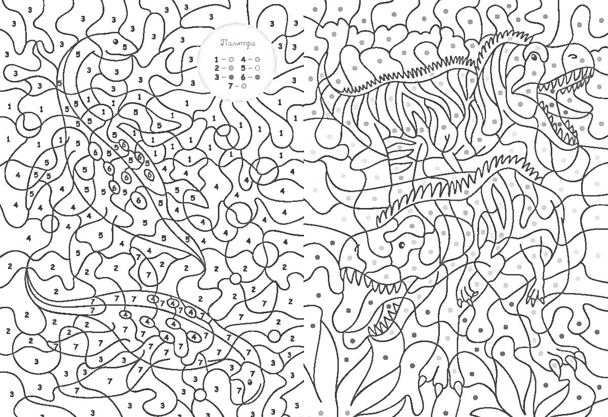 Раскраска Нейросети и динозавры среди абстрактных линий