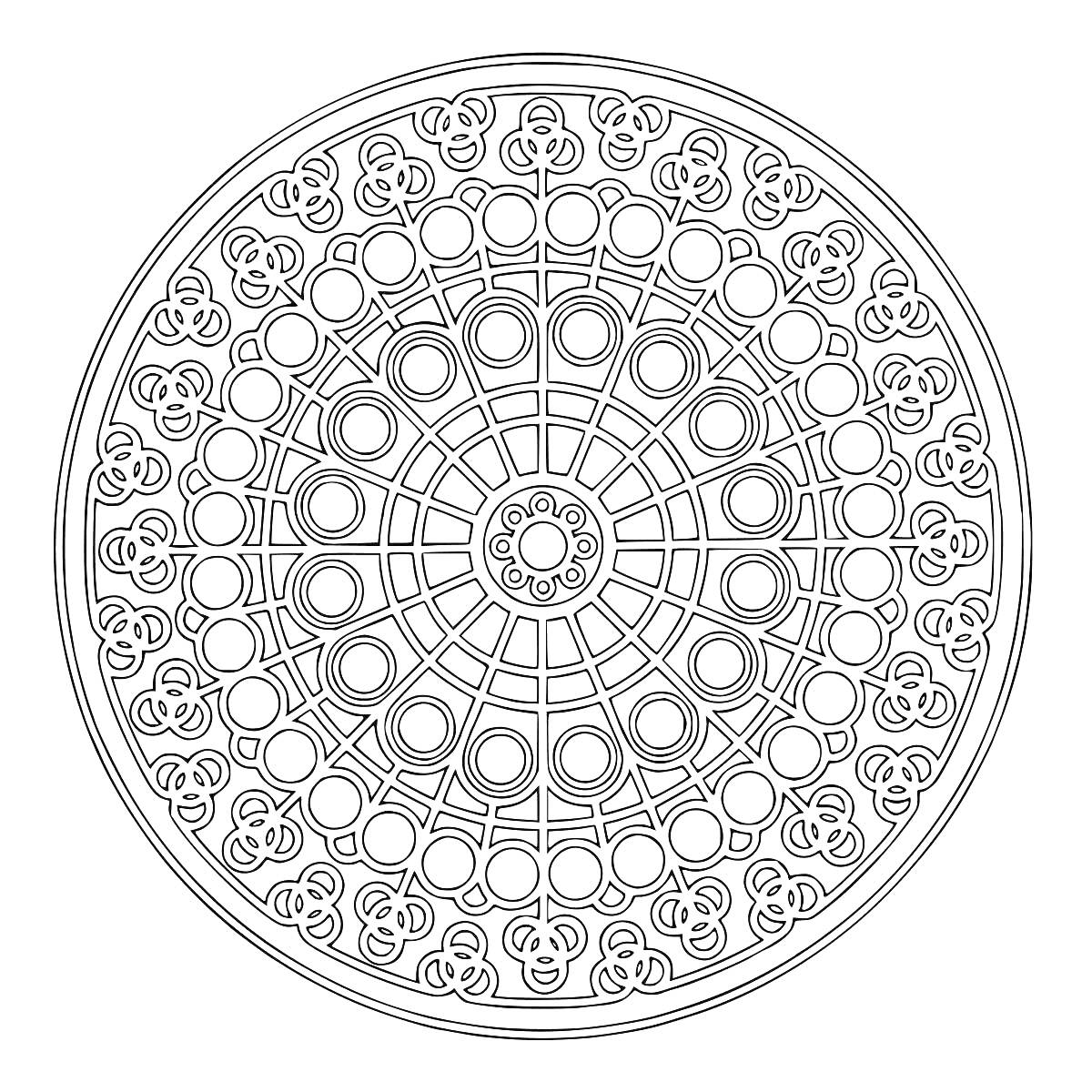 Раскраска Мандала с круговыми узорами из повторяющихся окружностей и цветочных орнаментов