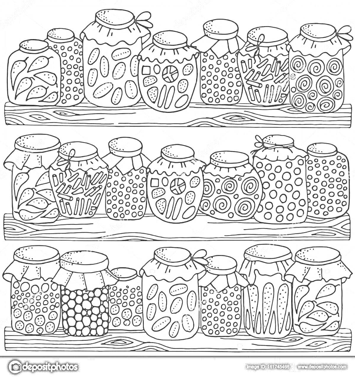 Раскраска Стеллаж с банками домашней консервации (варенье, соленья)