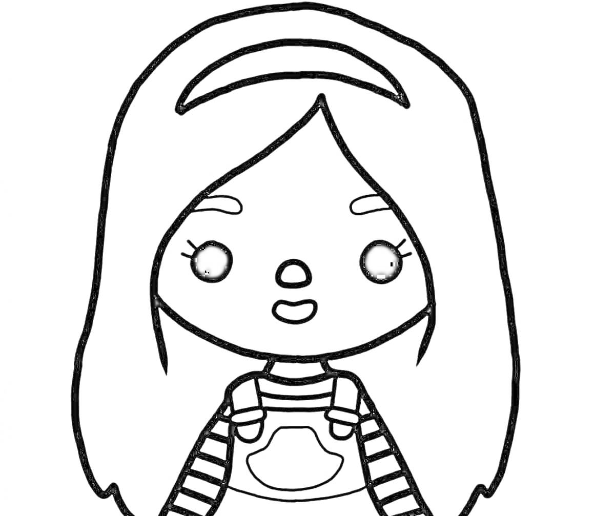 Раскраска Девочка с длинными волосами в полосатой футболке и комбинезоне
