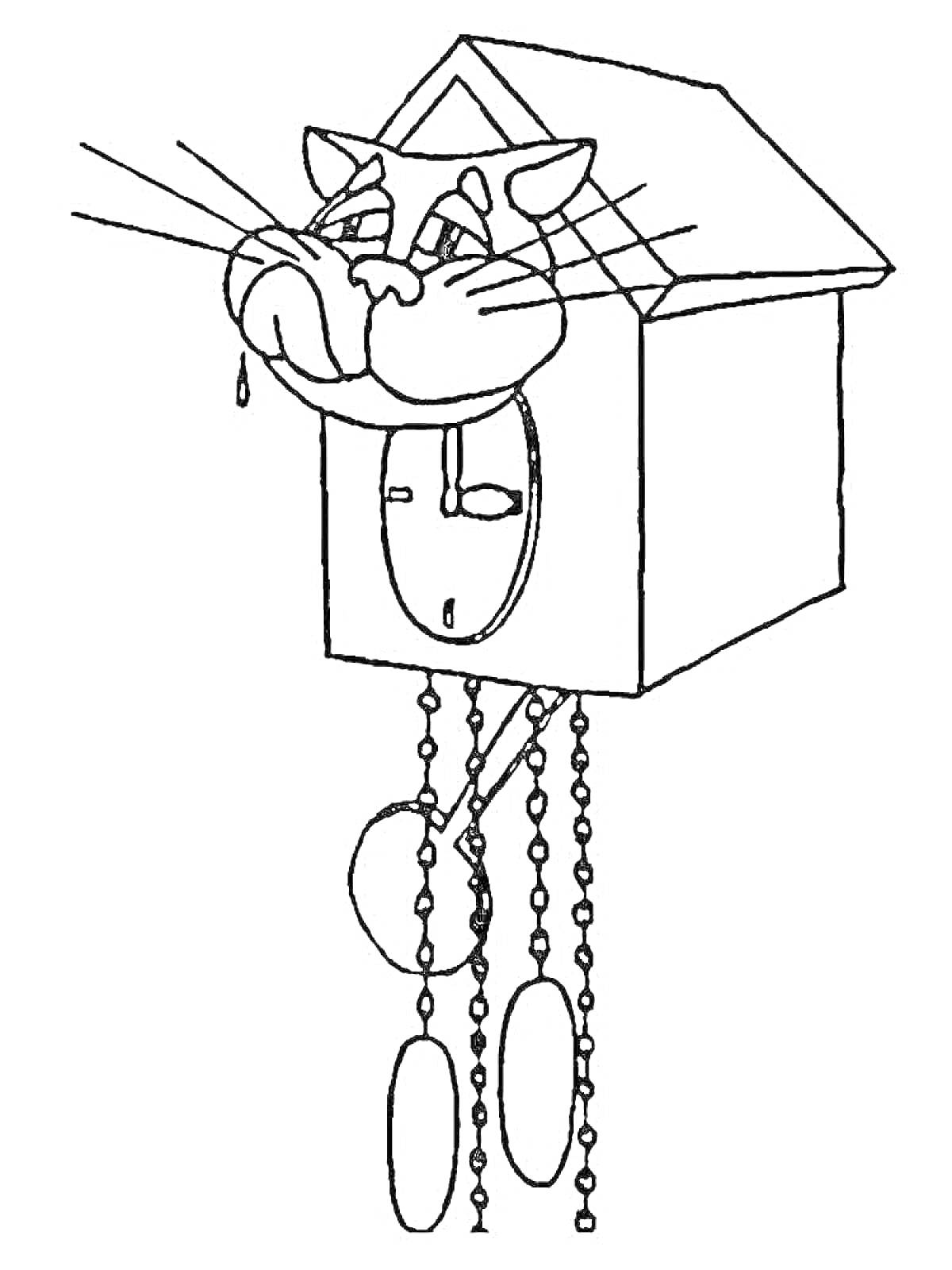 Раскраска часы с кукушкой в виде плачущего кота, цепочки, грузы