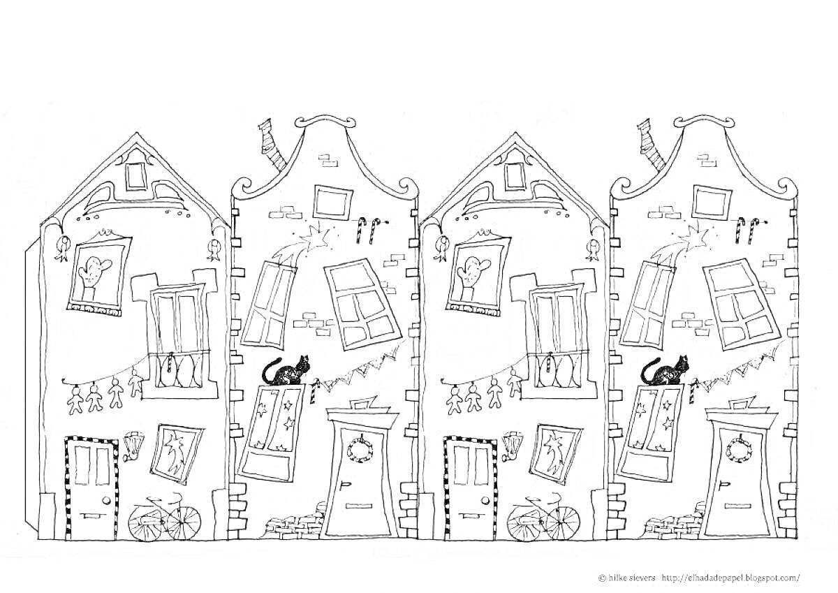 Раскраска Дома с кошками, окнами, дверями и велосипедами