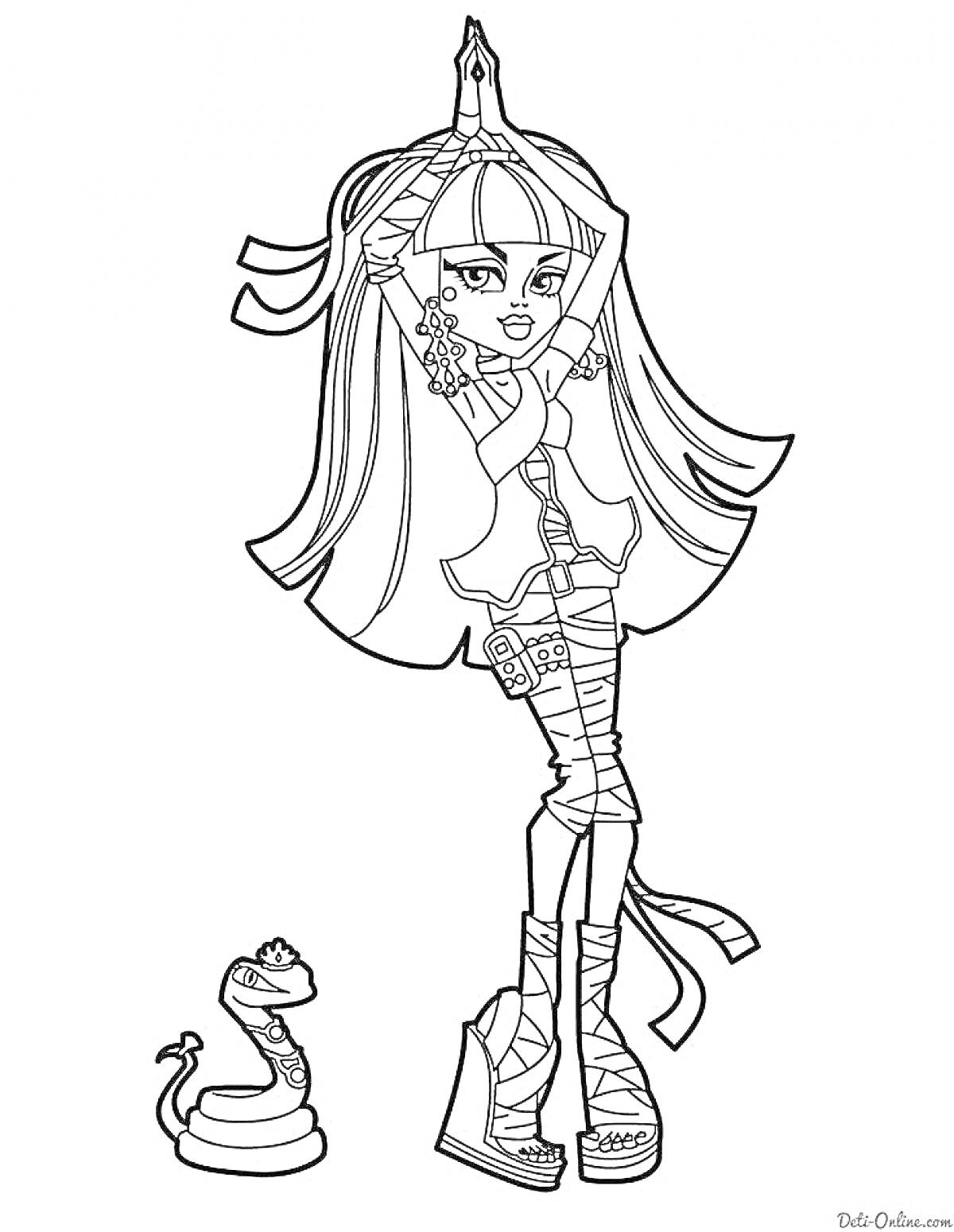 Раскраска Девочка монстр в бинтах с аксессуарами и змея