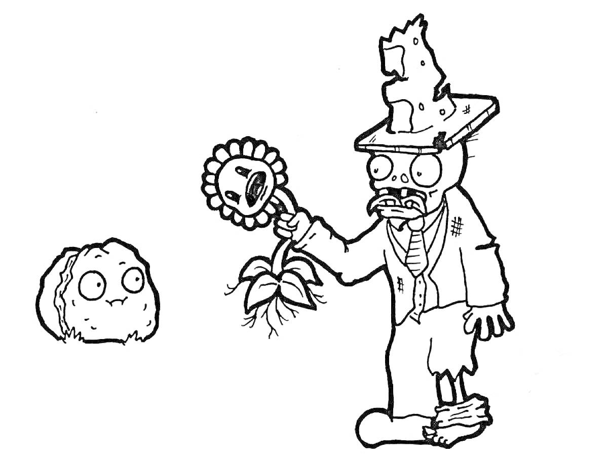 Раскраска Зомби с сломанным ведром и растением против каменного ореха
