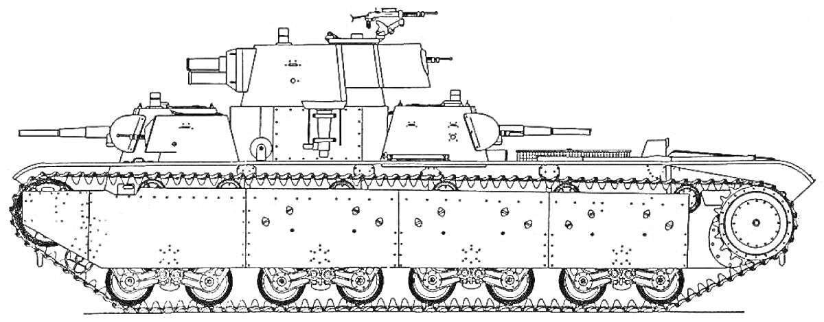 Вид сбоку танка Т-35 с четырьмя башнями и гусеницами