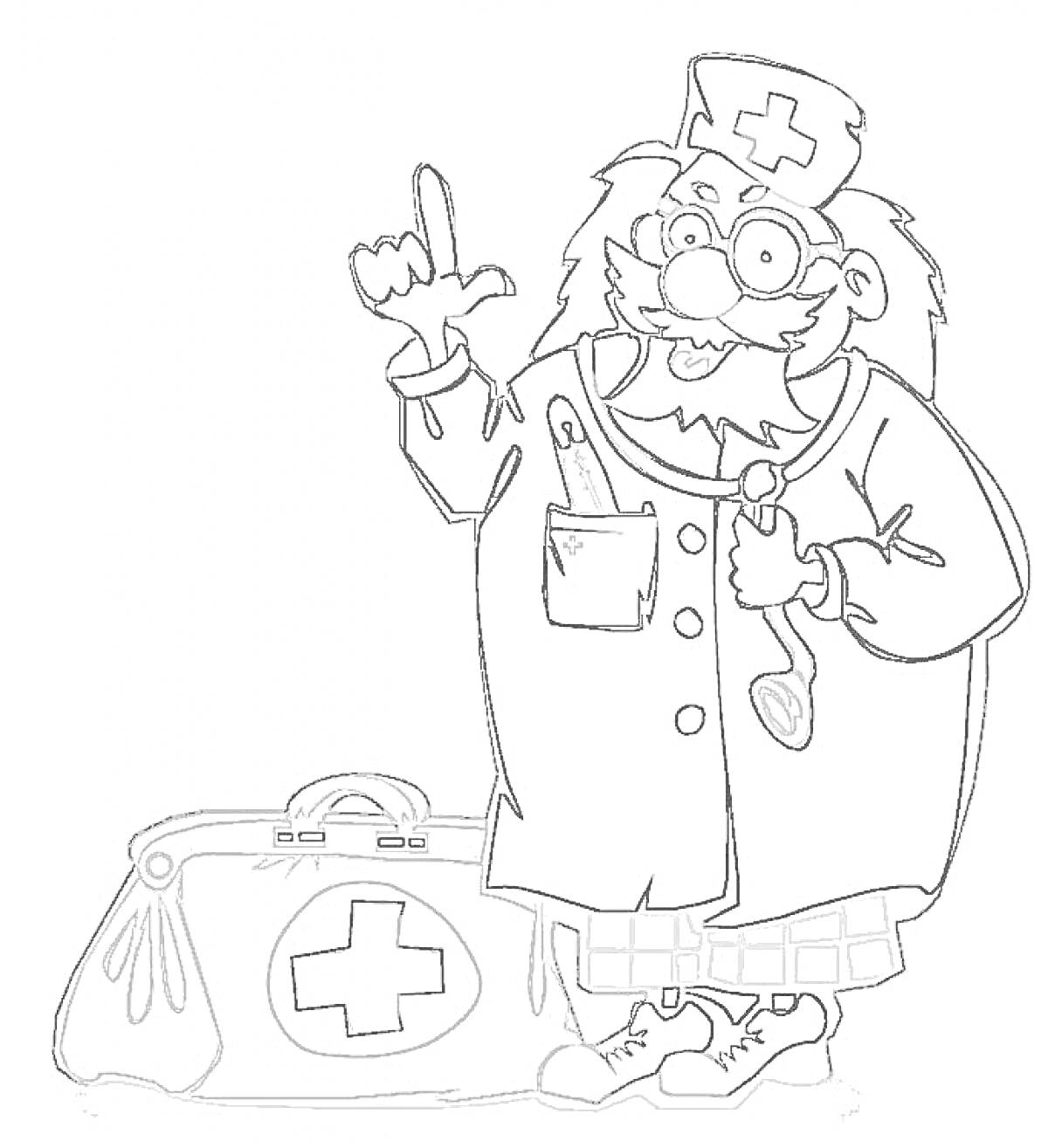 Раскраска Доктор Айболит с медицинской сумкой и стетоскопом, одетый в халат и шапку с крестом