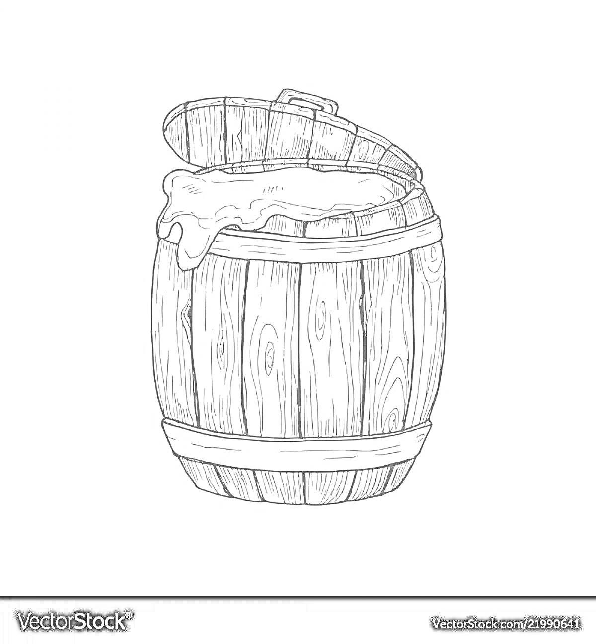 На раскраске изображено: Бочонок, Мед, Открытая крышка, Бочка