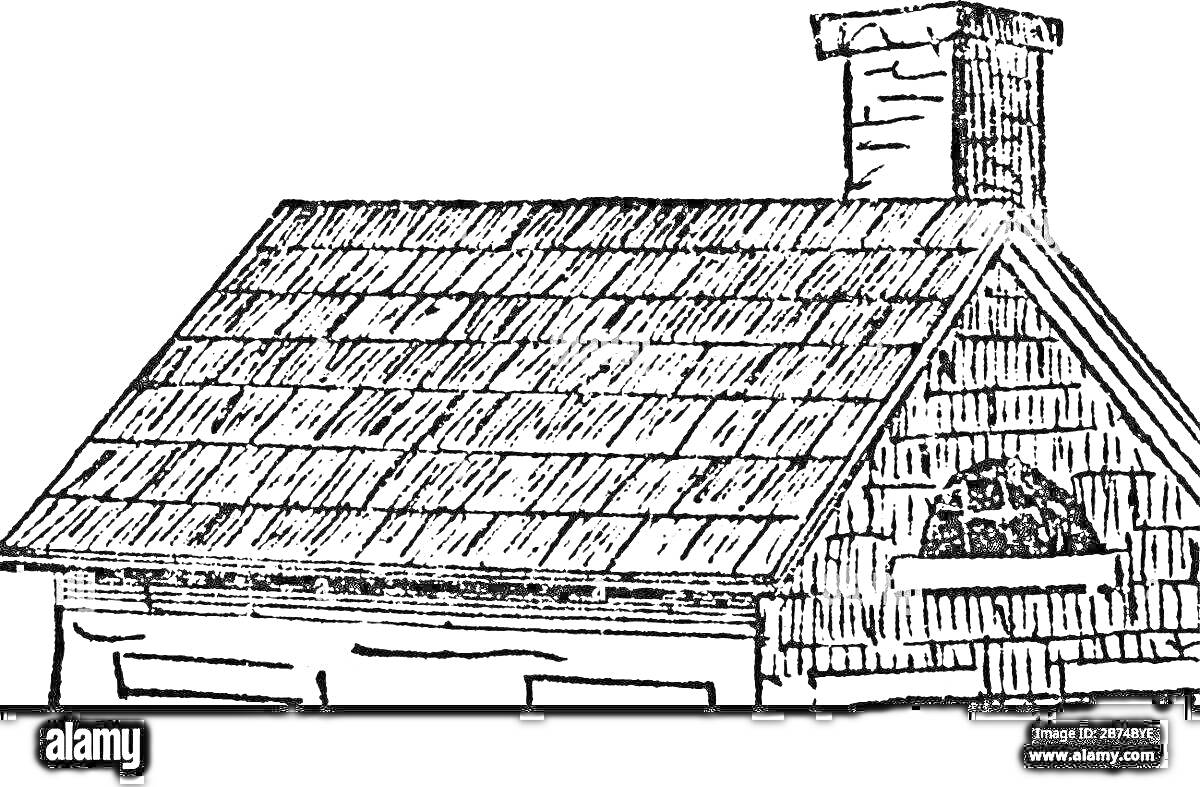 Раскраска Крыша дома с черепицей, окно под крышей, дымоход