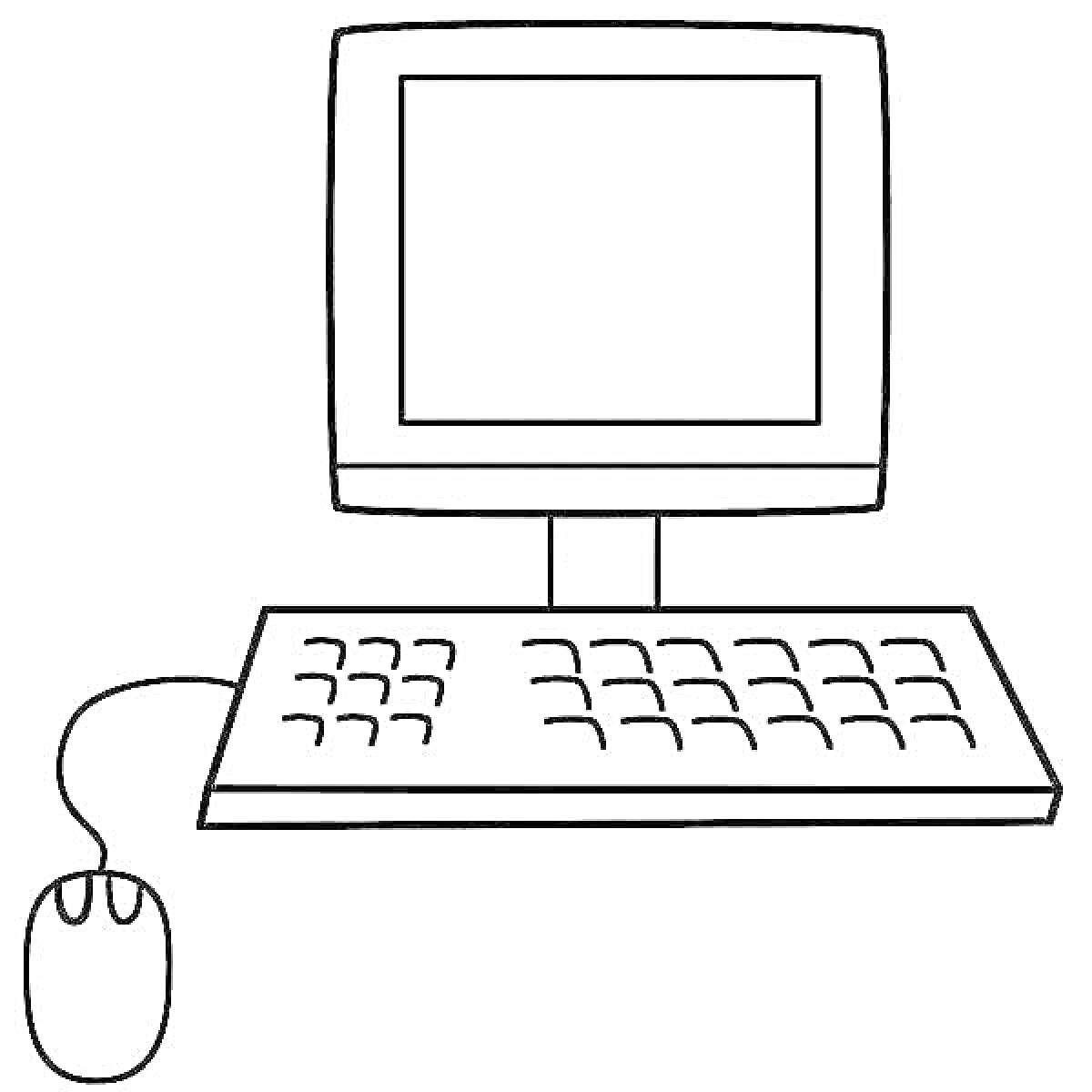 На раскраске изображено: Компьютер, Монитор, Клавиатура, Мышь, Техника, Электроника