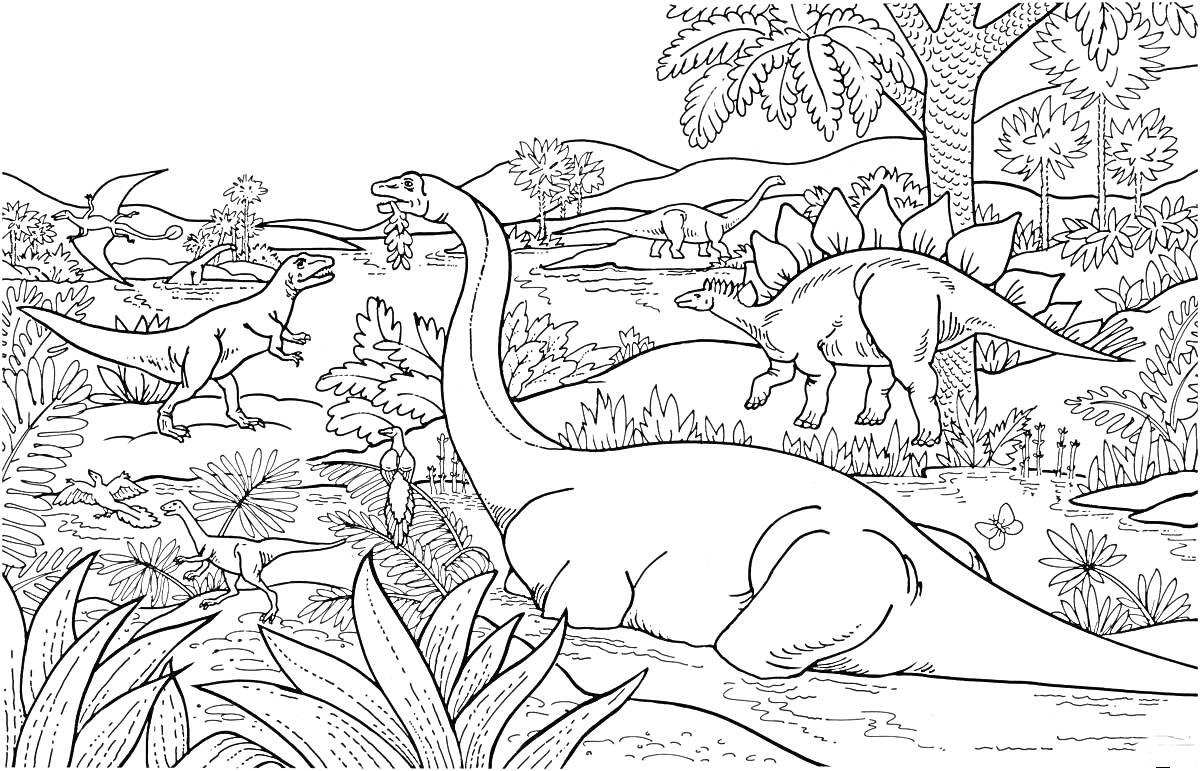 Раскраска Динозавры в доисторическом лесу с деревьями, кустами, рекой и горами