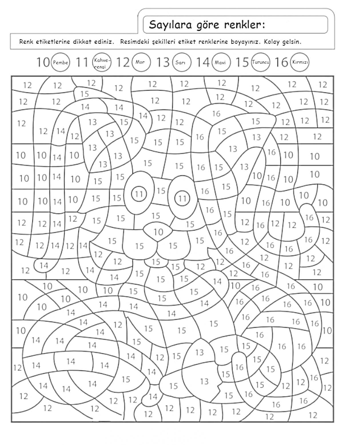 Раскраска Раскраска по номерам с квадратиками и цифрами от 10 до 16, с инструкцией по цветам на турецком языке