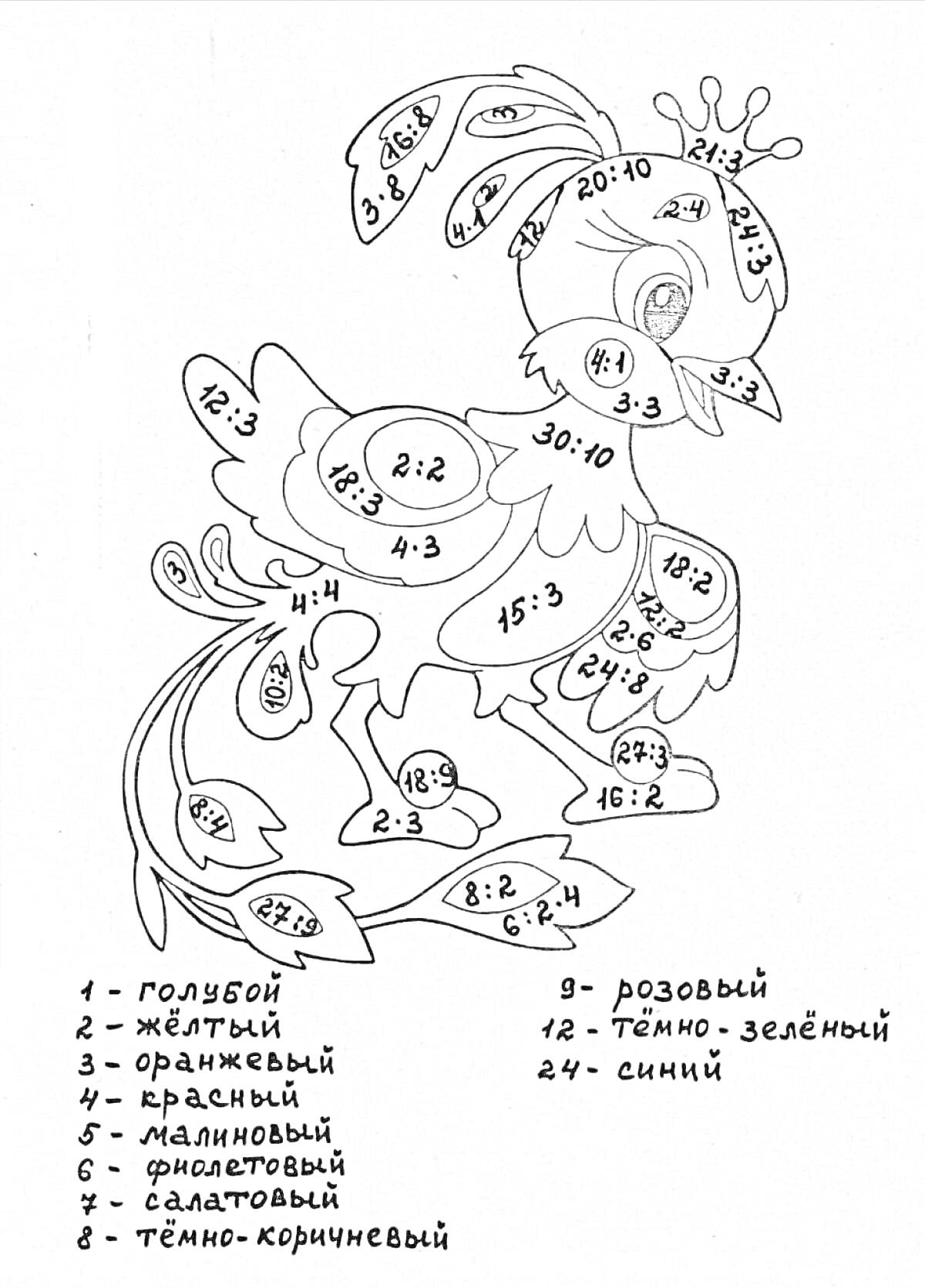 Раскраска Раскраска с примерами по математике для 3 класса (умножение и деление) - Птица с номерами