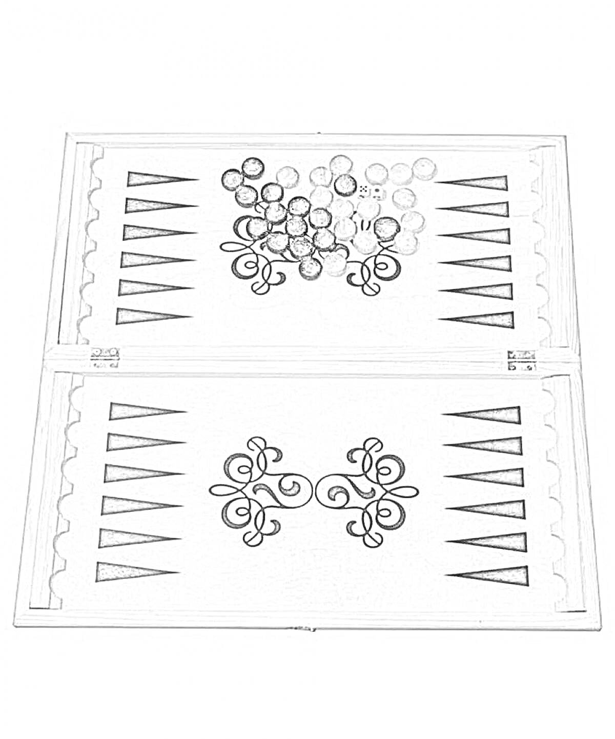 Раскраска Нарды с фишками на доске, украшенной узорами