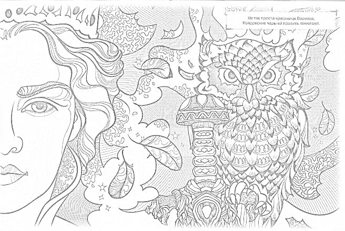 Раскраска Полу-людо, полу-сово с мечом на фоне с листьями и завитками