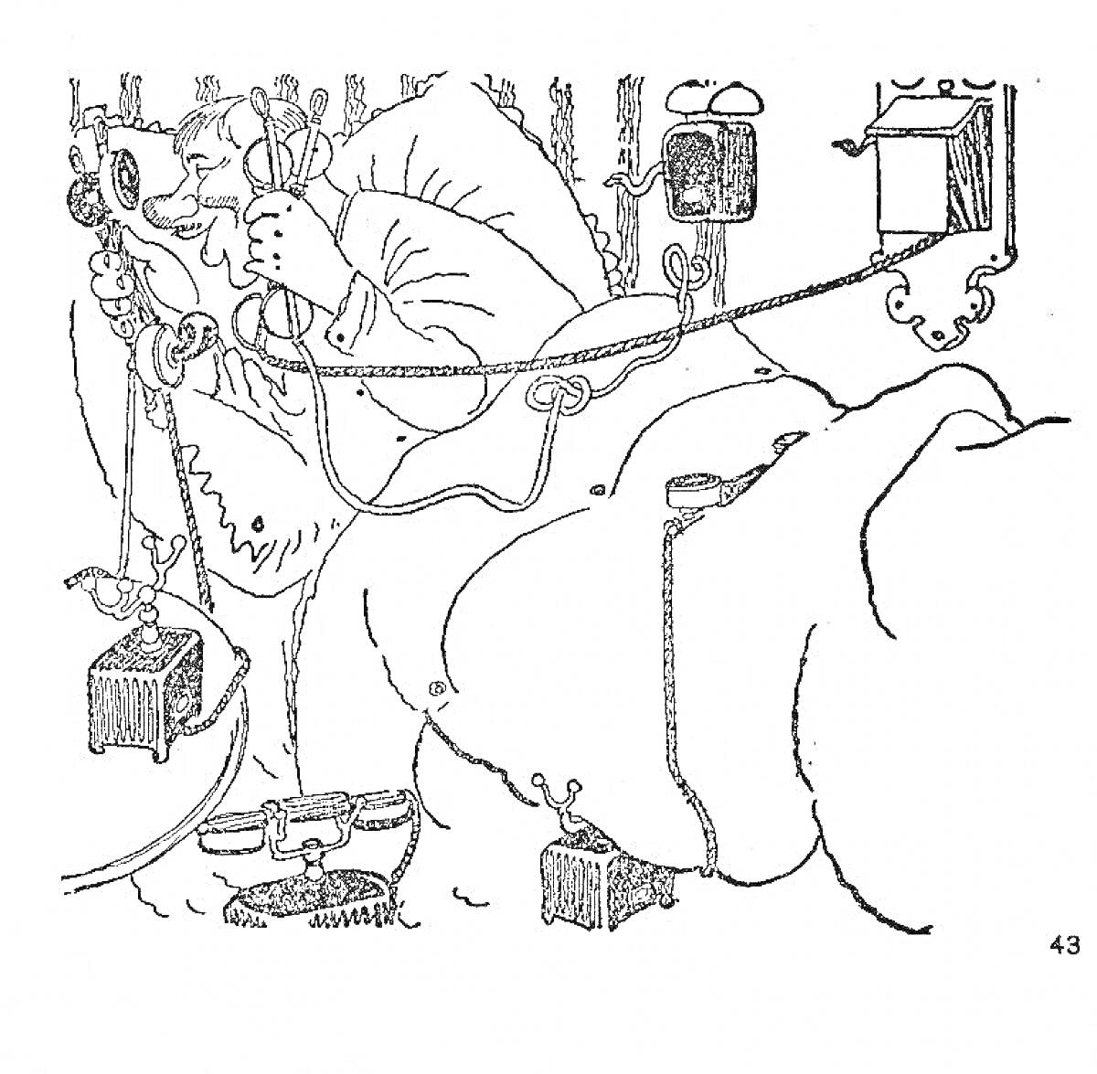На раскраске изображено: Чуковский, Телефон, Человек, Постель, Будильник, Лампа, Комната