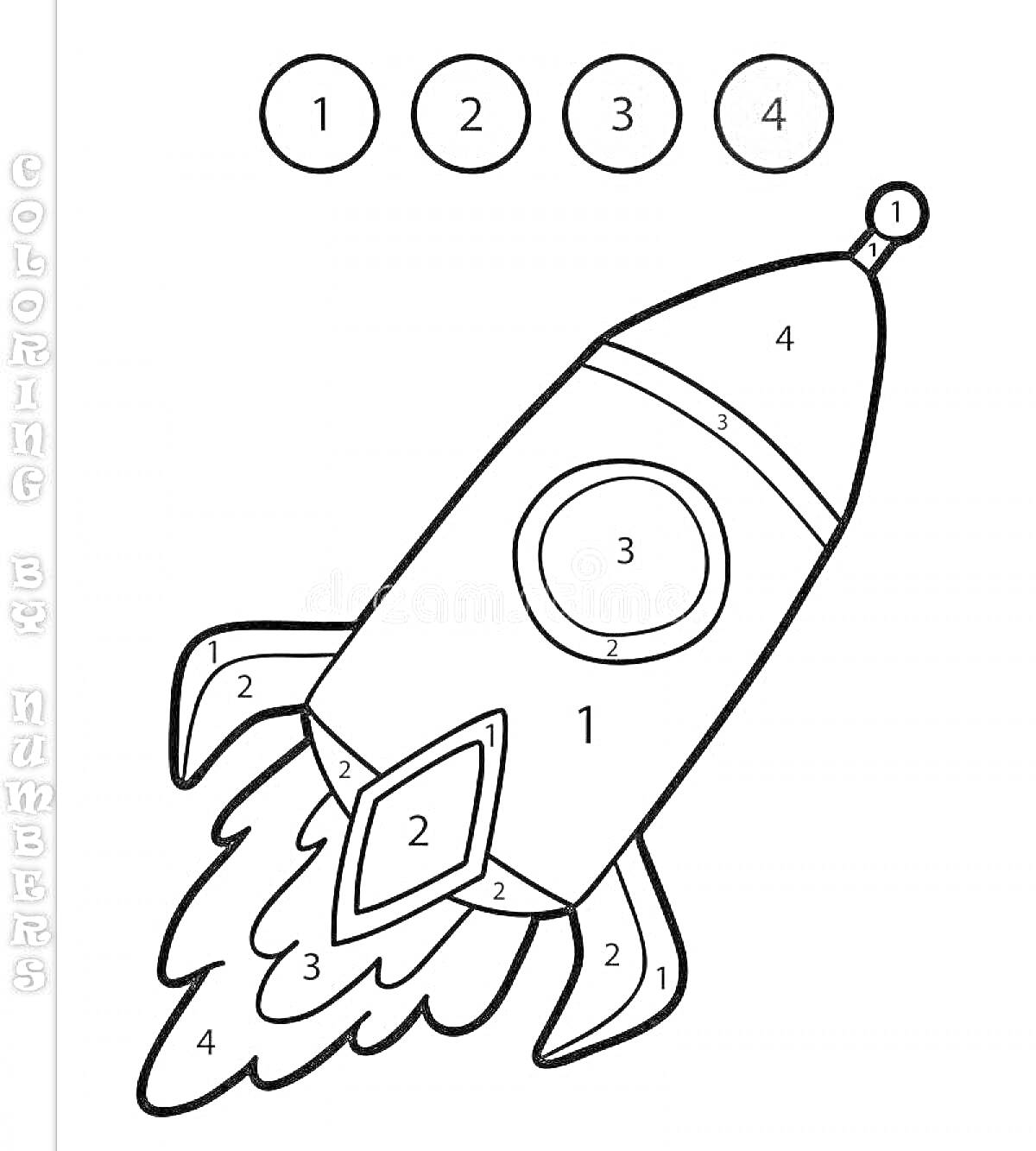 На раскраске изображено: Ракета, Голубой, Космос, Творчество, Обучение, Для детей, Цифры