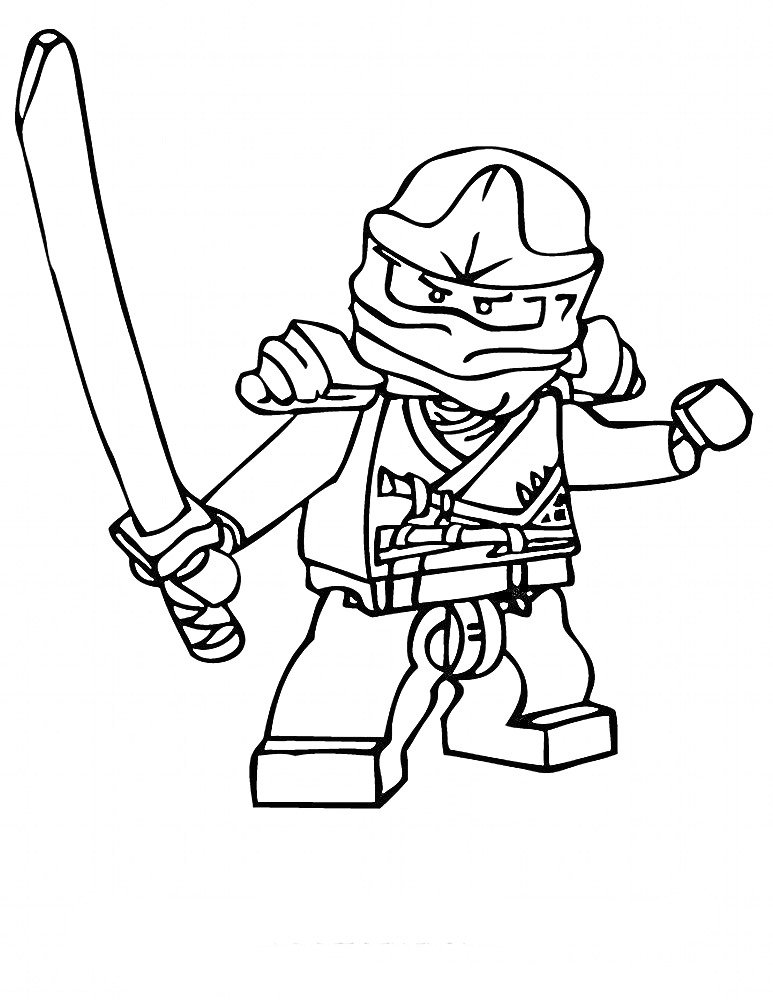 Раскраска Лего Ниндзя с мечом, повязка на голове, одежда ниндзя, поднятая рука в кулак