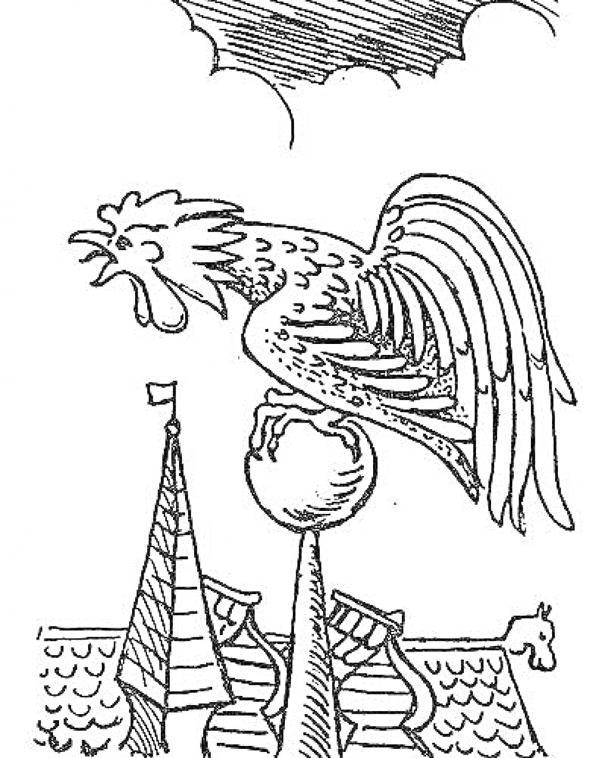 Раскраска Золотой петушок на куполе с флагом и крышей