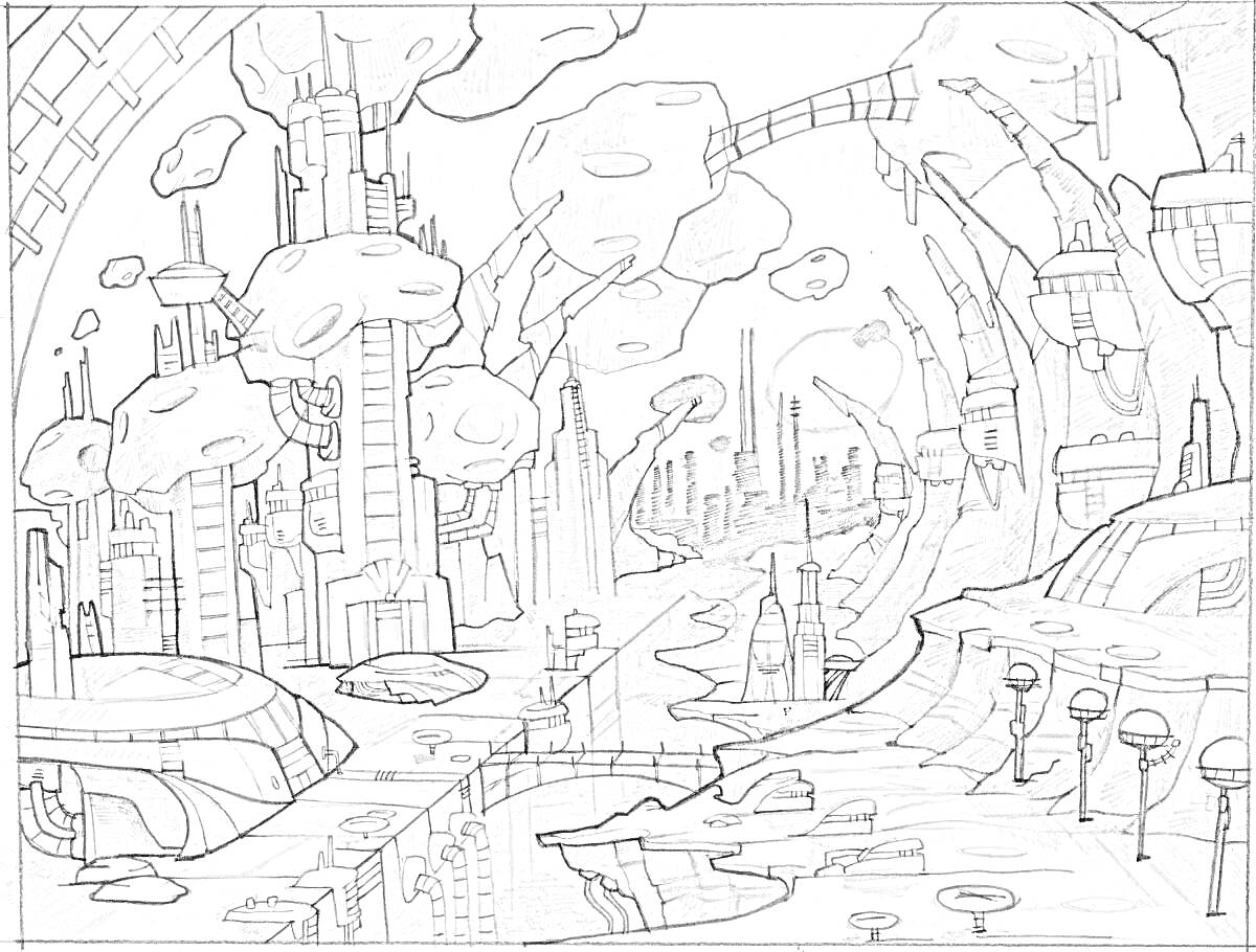 Раскраска Город будущего с небоскрёбами, воздушными мостами, летающими зданиями и современными уличными фонарями.