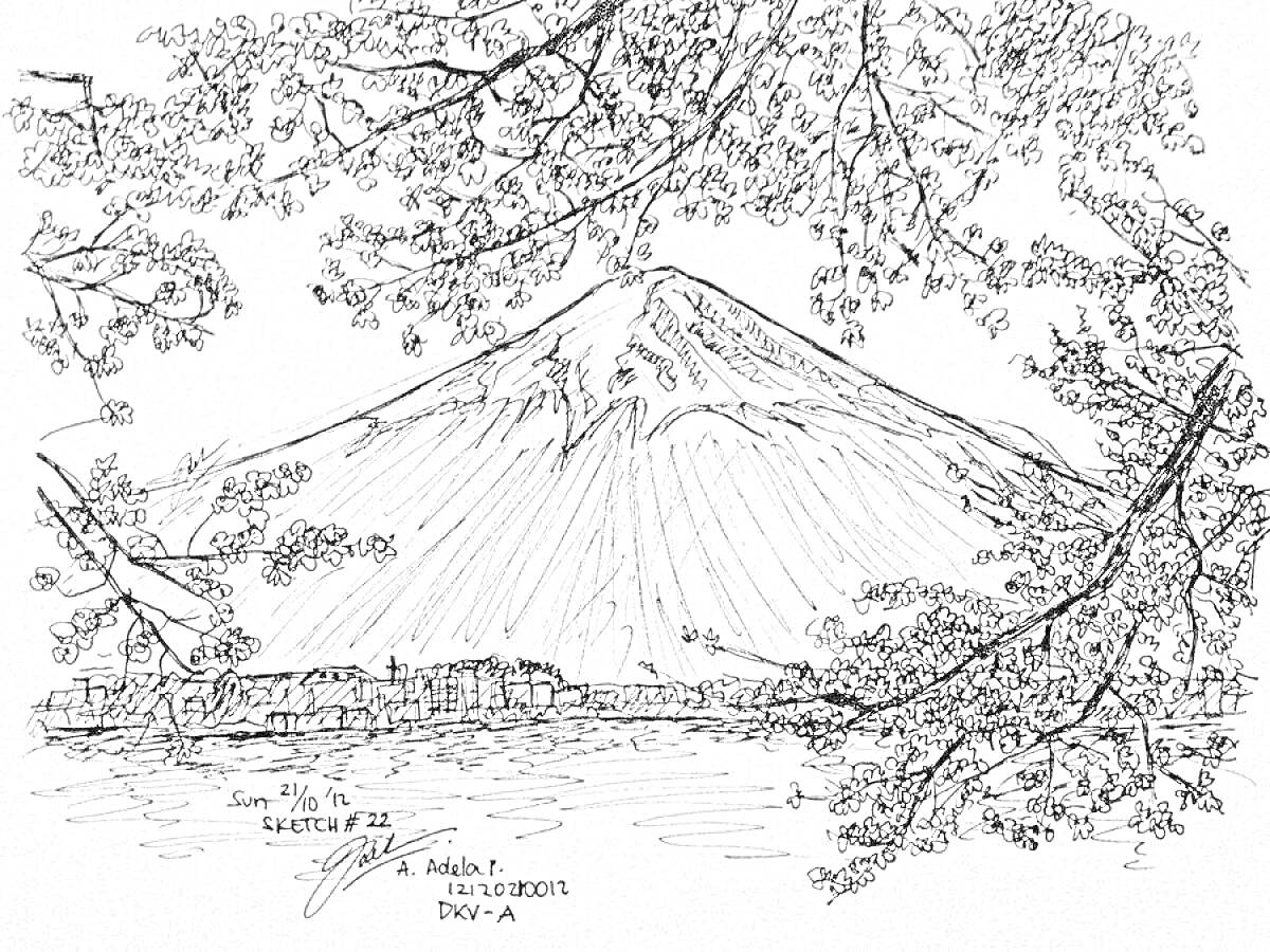 На раскраске изображено: Озеро, Сакура, Природа, Пейзаж