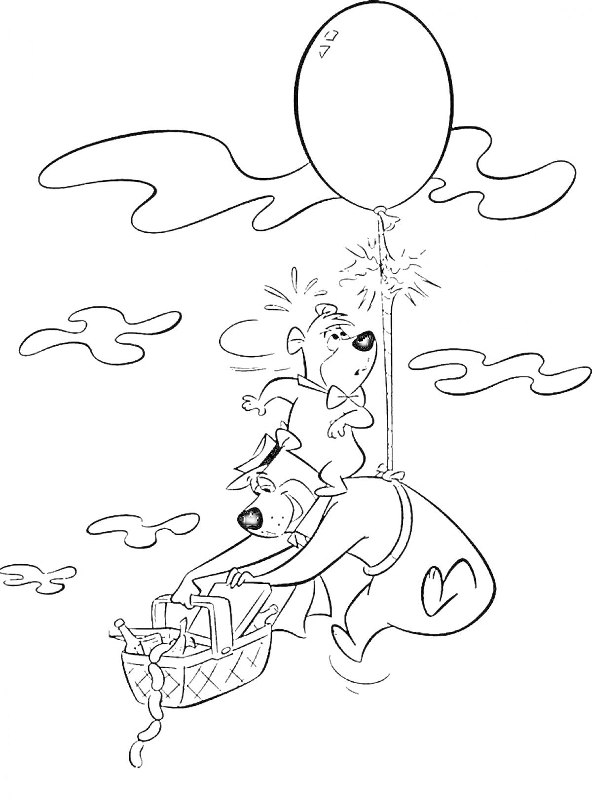 Раскраска Медведь Йоги и его друг Бу-Бу с воздушным шаром, держащие корзину для пикника