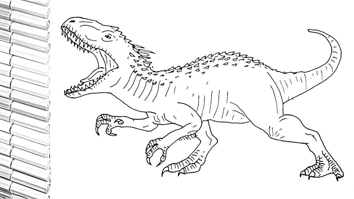 Раскраска Тираннозавр Рекс с набором цветных карандашей