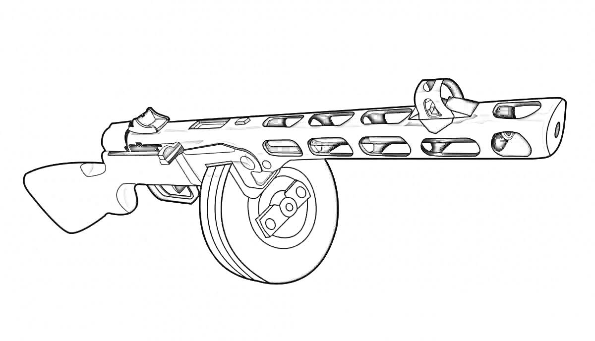 Раскраска Пистолет-пулемёт Шпагина (ППШ), вид с барабанным магазином и прикладом