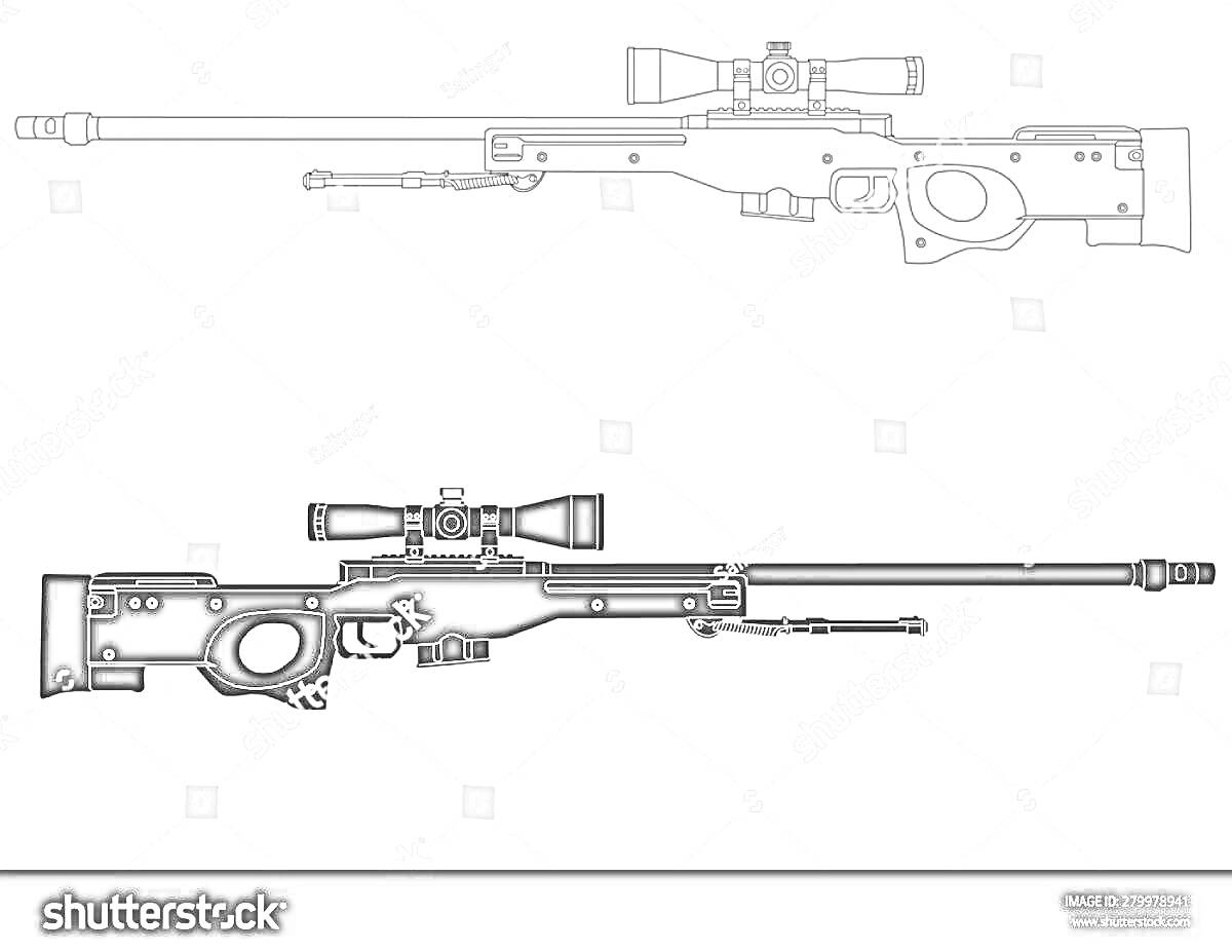 На раскраске изображено: Снайперская винтовка, Оружие, Зарисовка