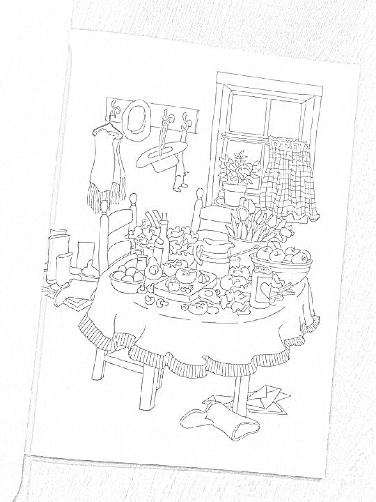 На раскраске изображено: Кухонный стол, Посуда, Фрукты, Овощи, Цветы, Скатерть, Кухонные принадлежности, Стул, Полотенце, Тряпка