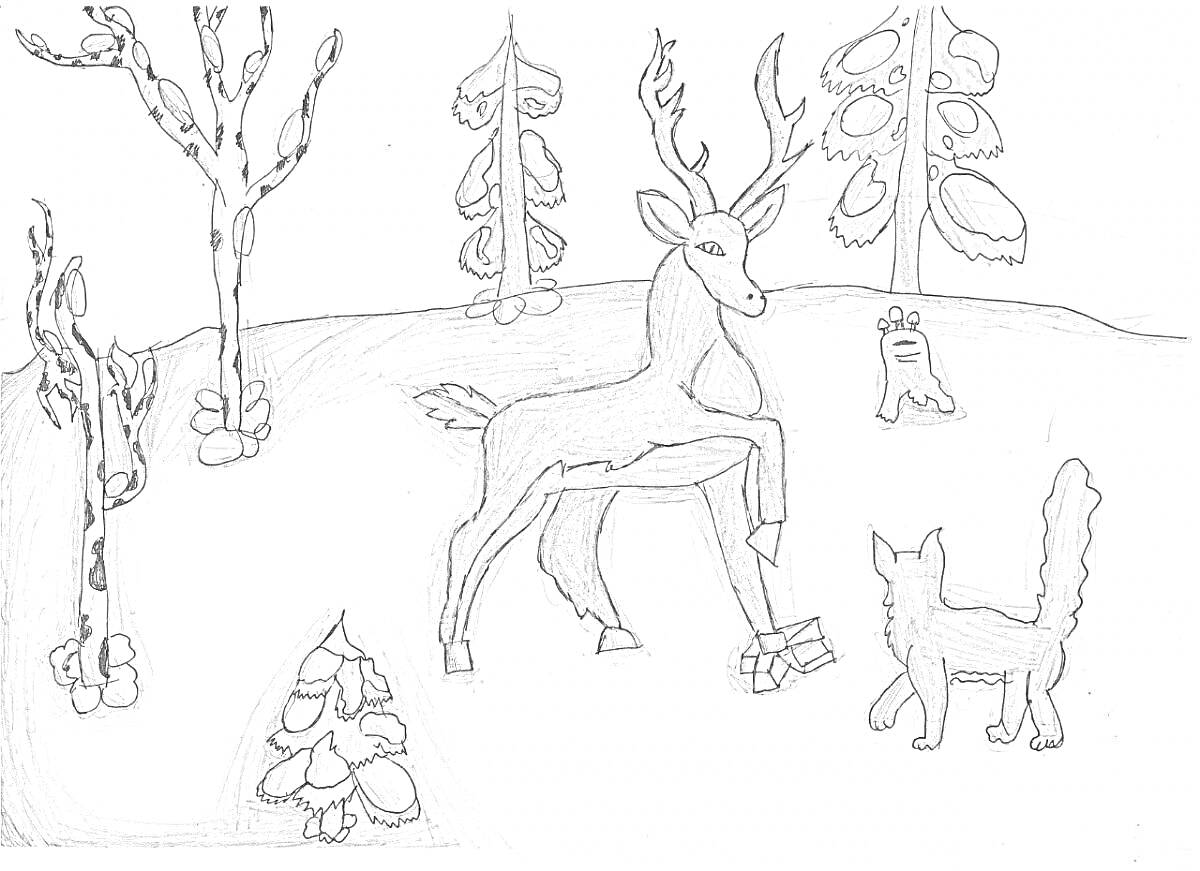 Раскраска Лесная сцена с оленем, лиственным деревом, елями, кустами и лисенком