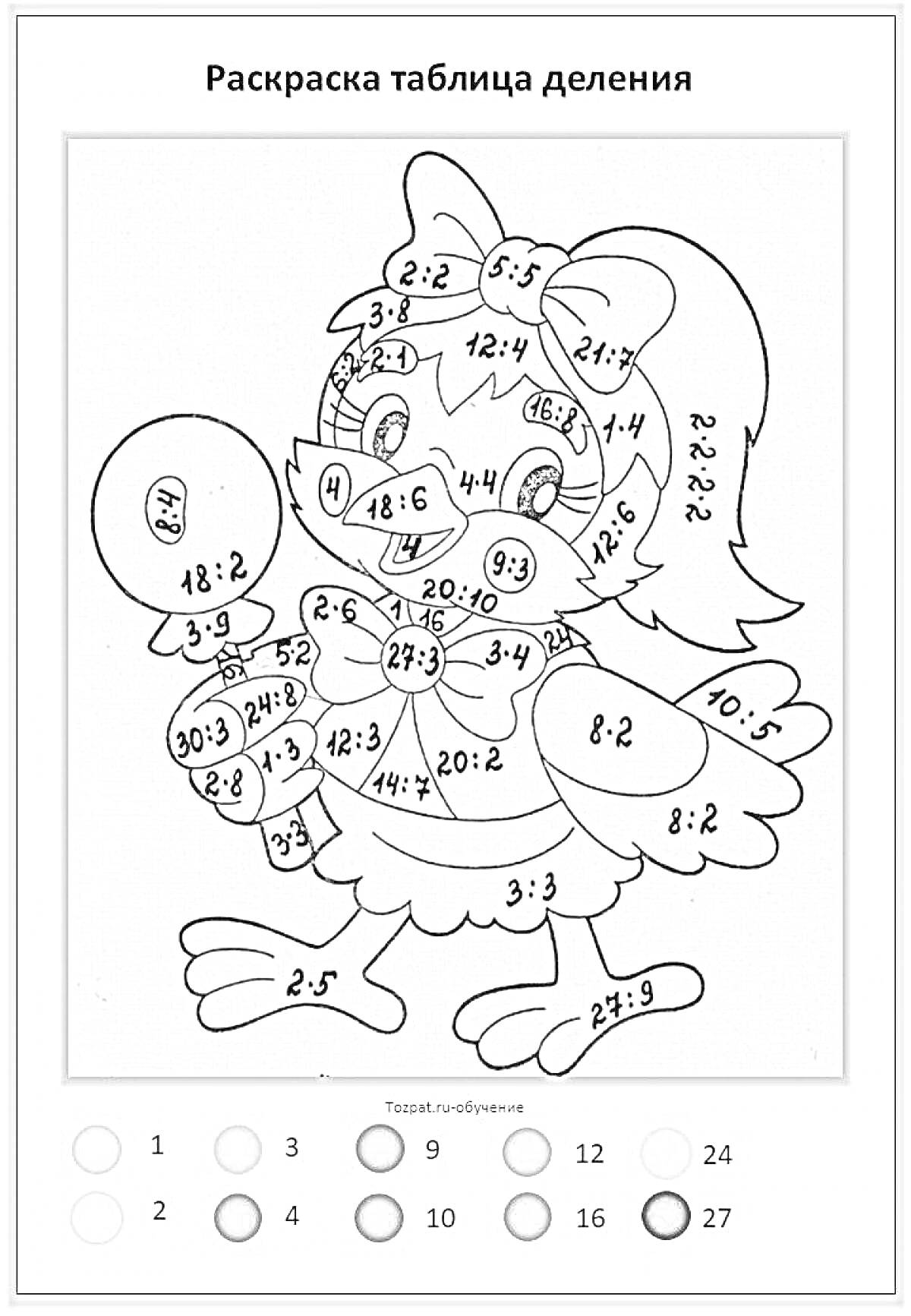 Раскраска Раскраска таблица деления, птица с бантом, воздушный шар, цифры и математические примеры для деления