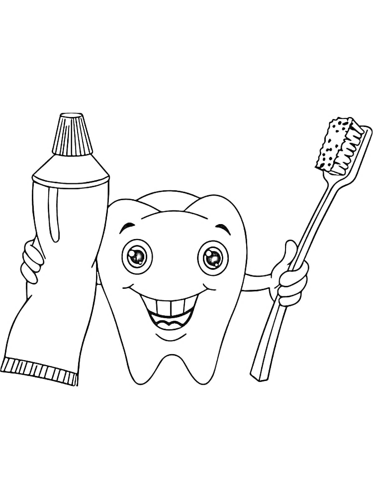 Раскраска Зуб с зубной пастой и зубной щеткой