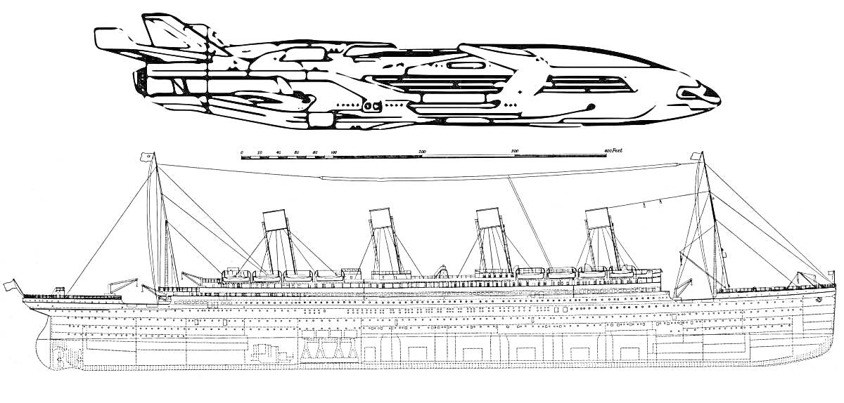 На раскраске изображено: Титаник, Корабль, Дирижабль, Для детей, Транспорт, Море, Воздух, Техника